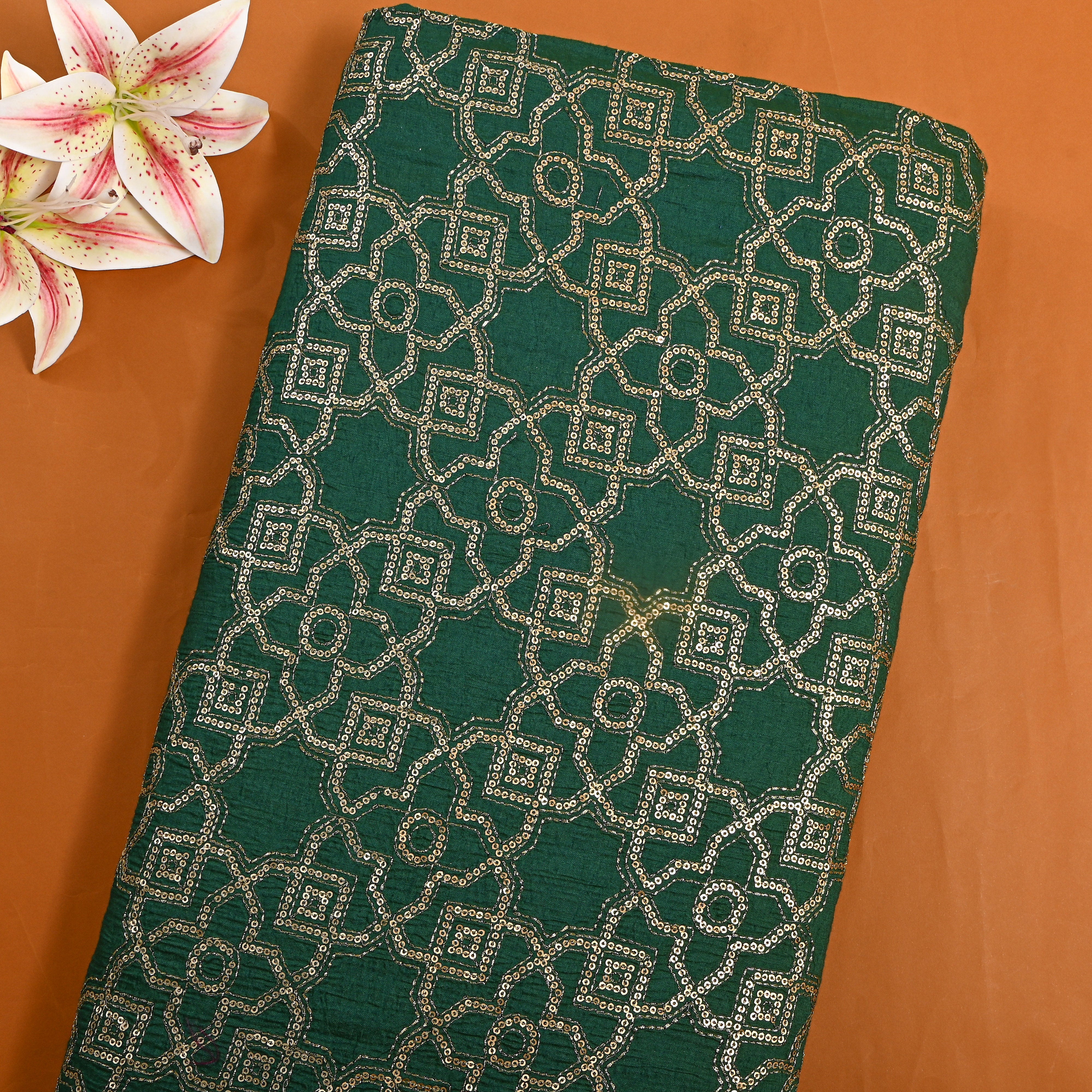 Dark Green Embroidery Chanderi Fabric