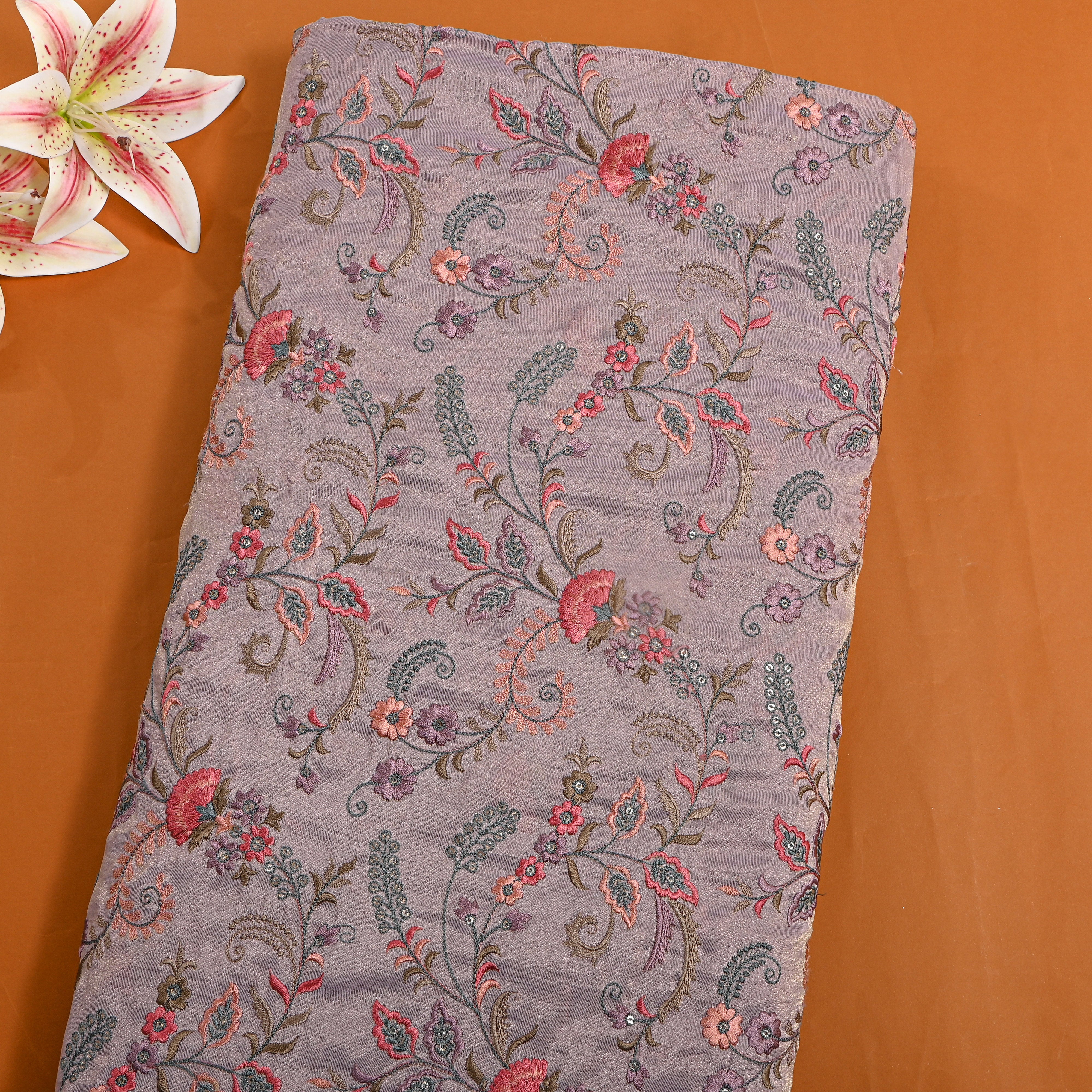 Soft Purple Floral Jaal Embroidery Tissue Fabric