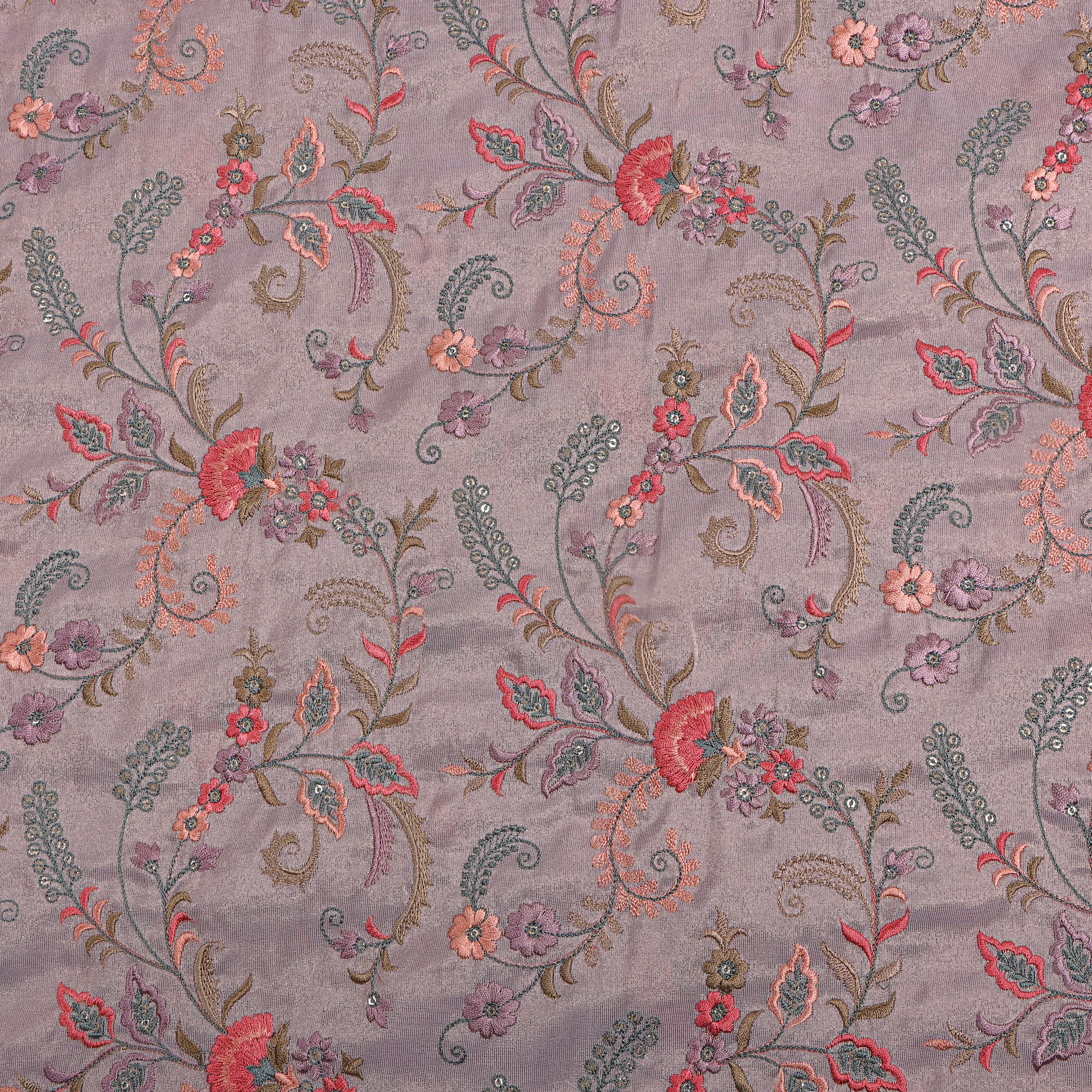 Soft Purple Floral Jaal Embroidery Tissue Fabric