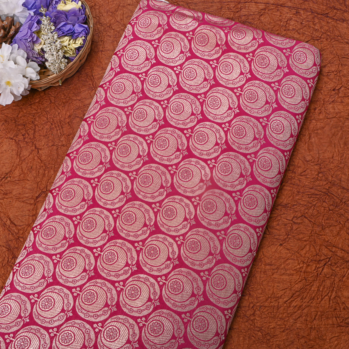 Rosy Pink Gold Zari Brocade Jamawar Silk Fabric