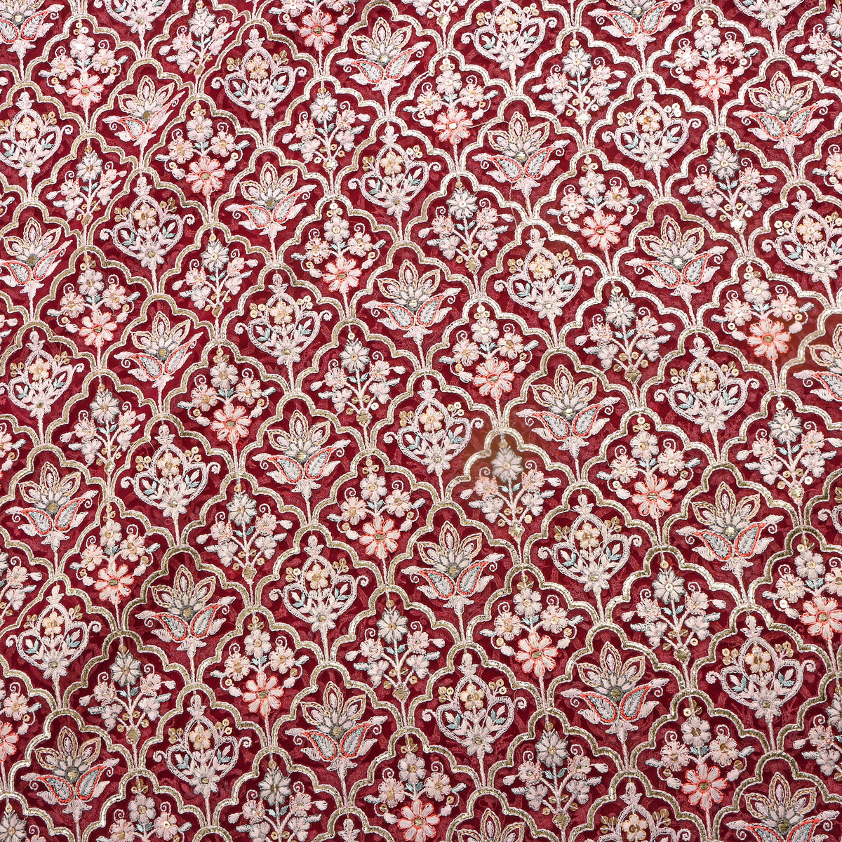 Red Multicolour Geometric Thread Work Georgette Fabric