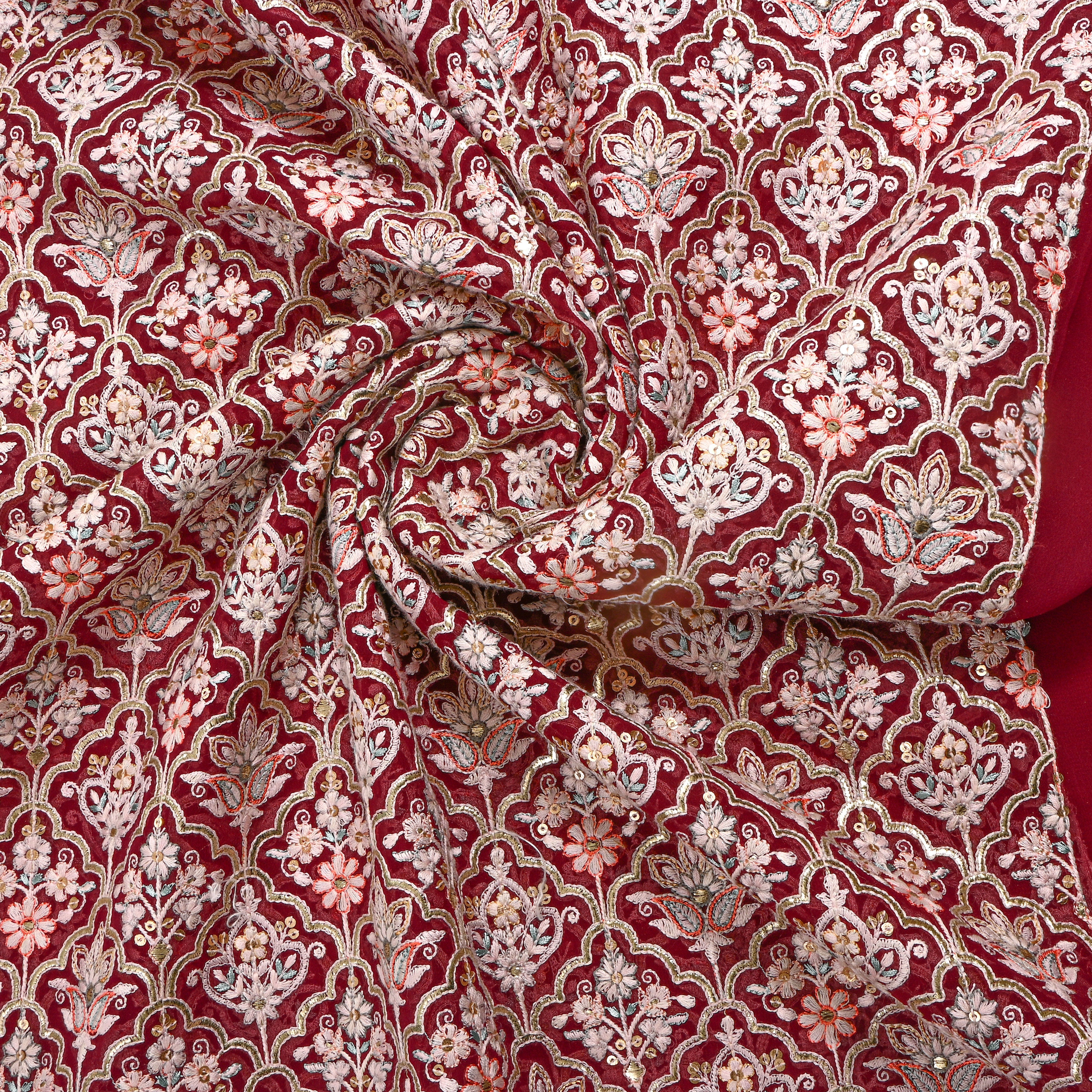 Red Multicolour Geometric Thread Work Georgette Fabric