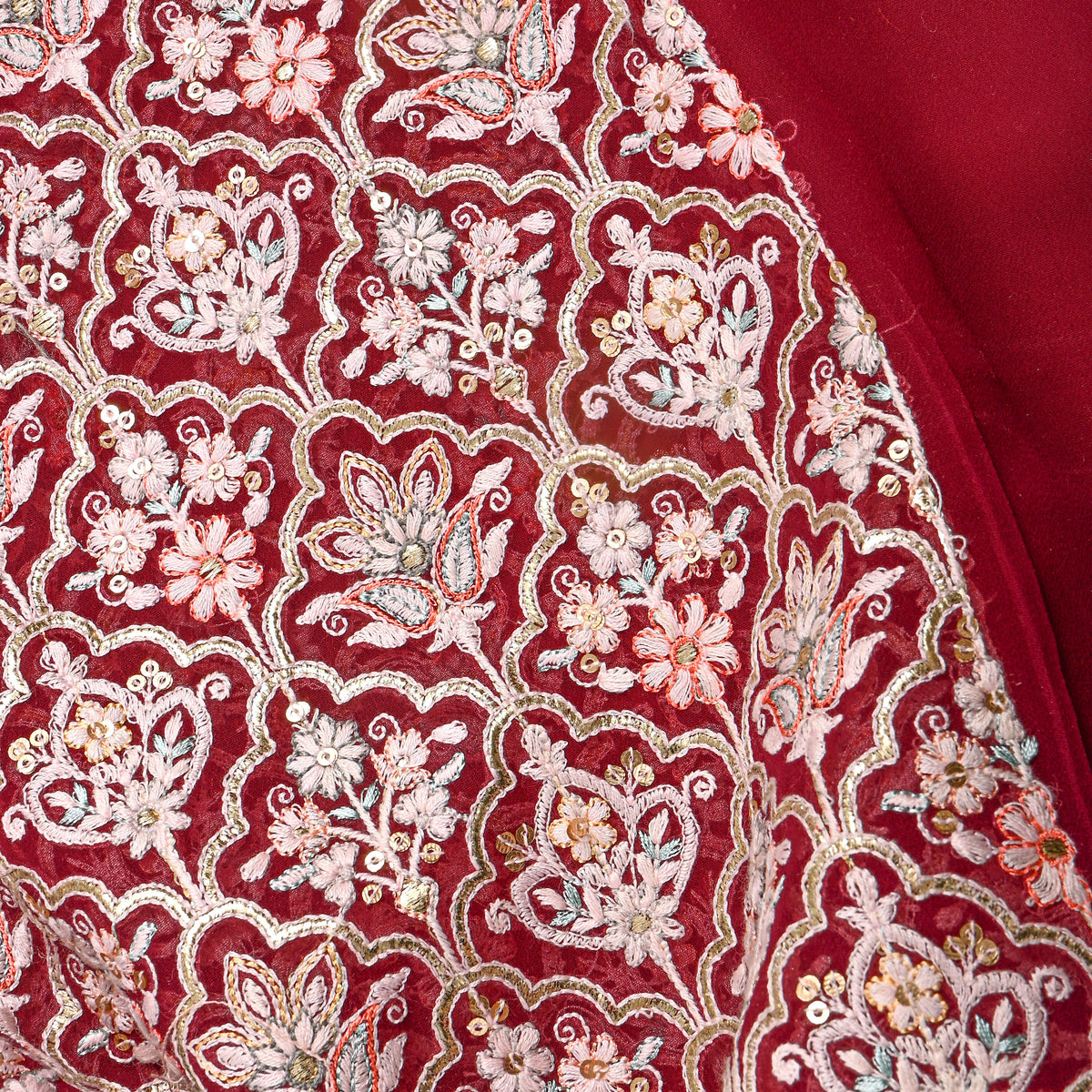 Red Multicolour Geometric Thread Work Georgette Fabric