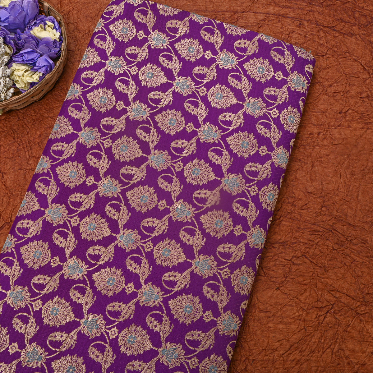 Purple Gold Zari Floral Jaal Jamawar Silk Fabric