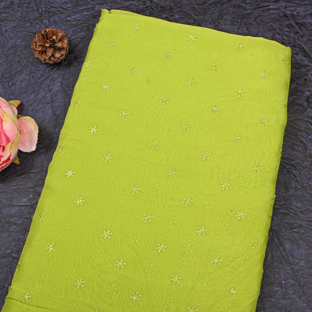 Apple Green Snowflake Butti Thread Work Organza Fabric