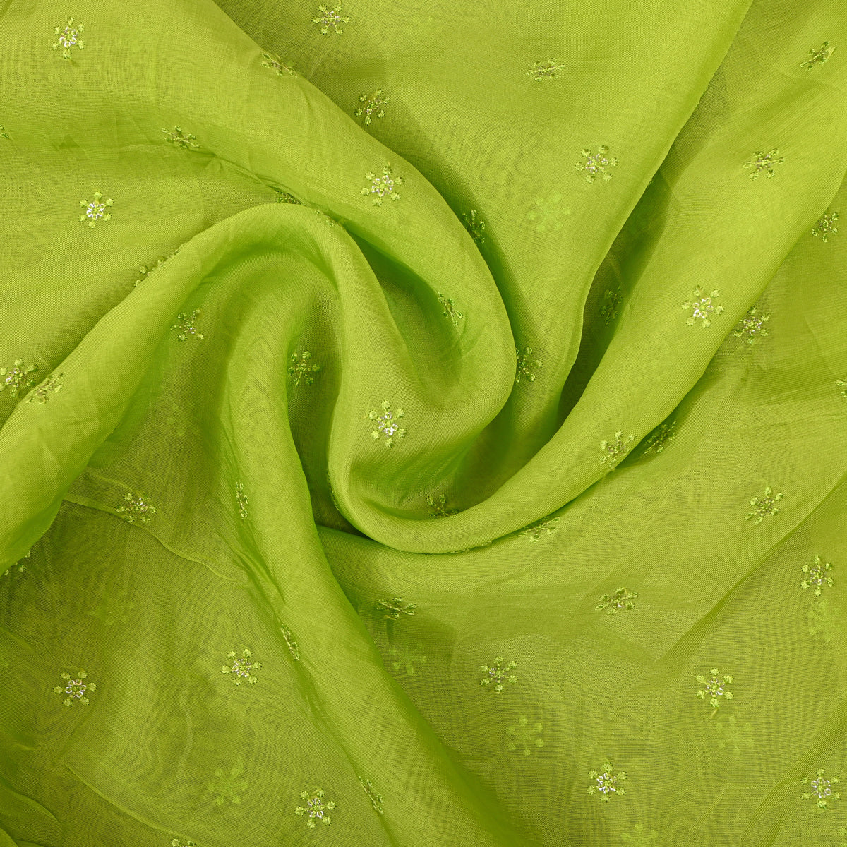 Apple Green Snowflake Butti Thread Work Organza Fabric