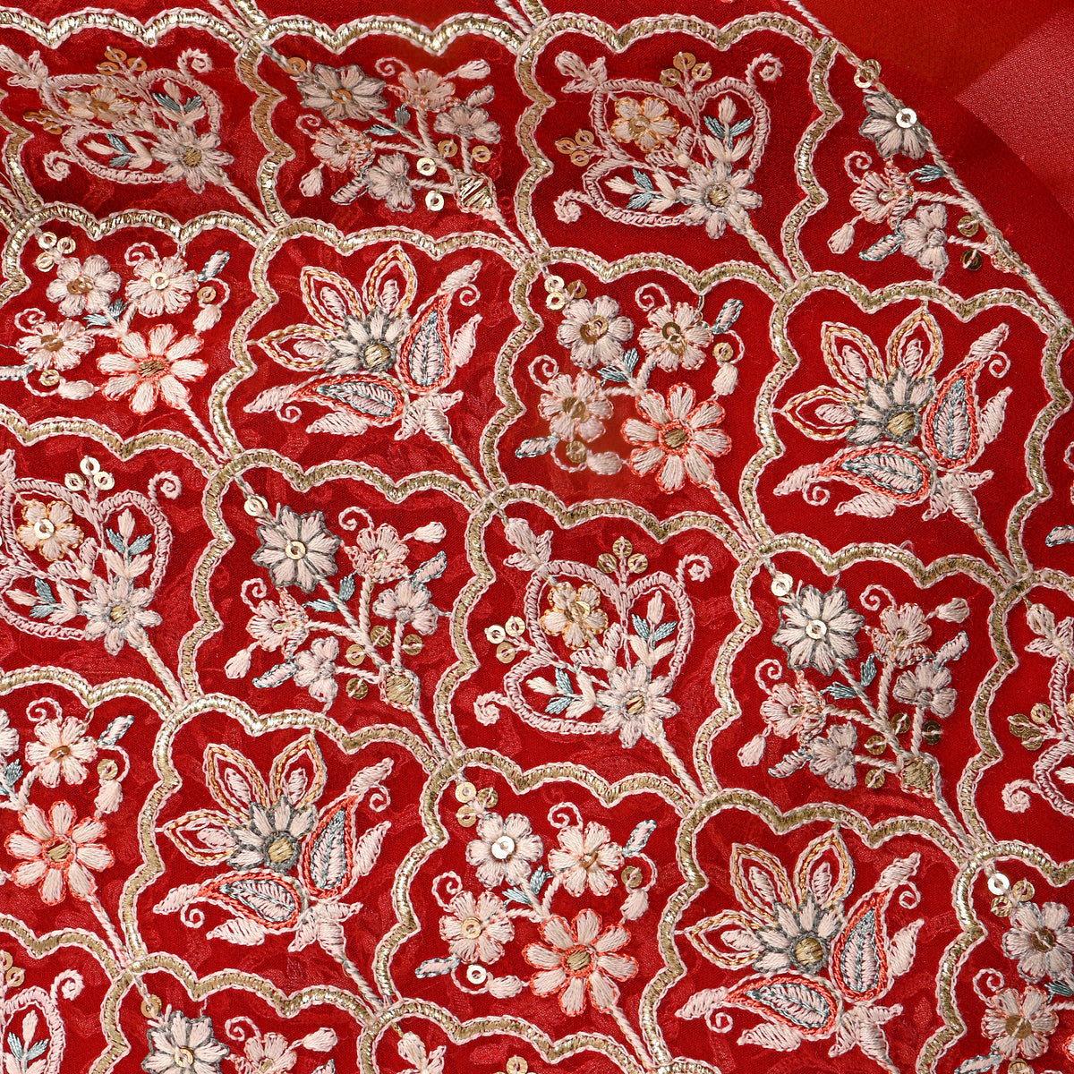 Red Multicolour Thread Work Georgette Fabric