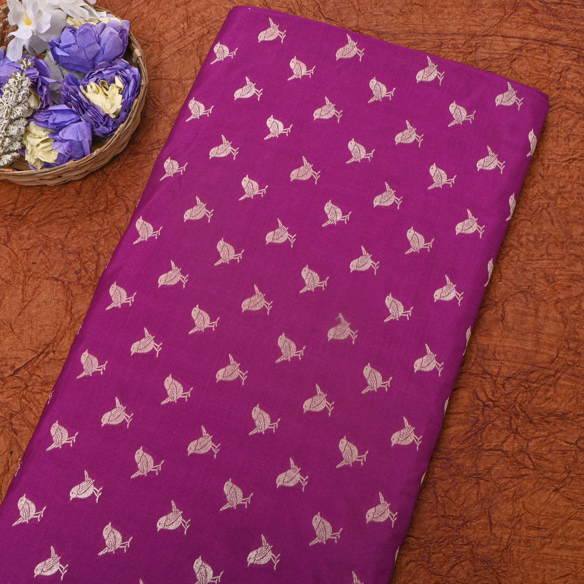 Purple With Gold Zari Bird Butti Jamawar Silk Fabric