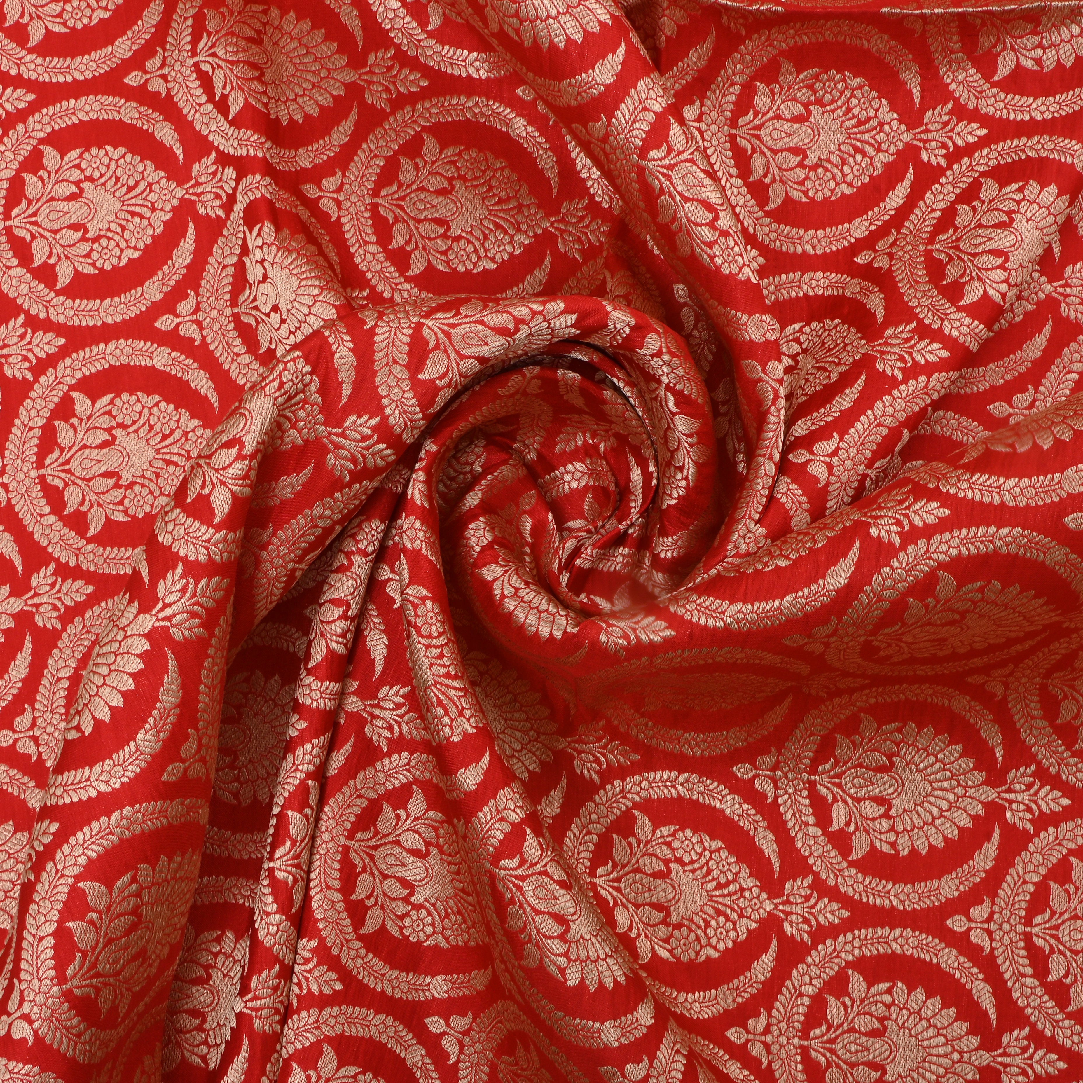 Fire Engine Red Jamawar Silk Fabric With Geometrical Figures