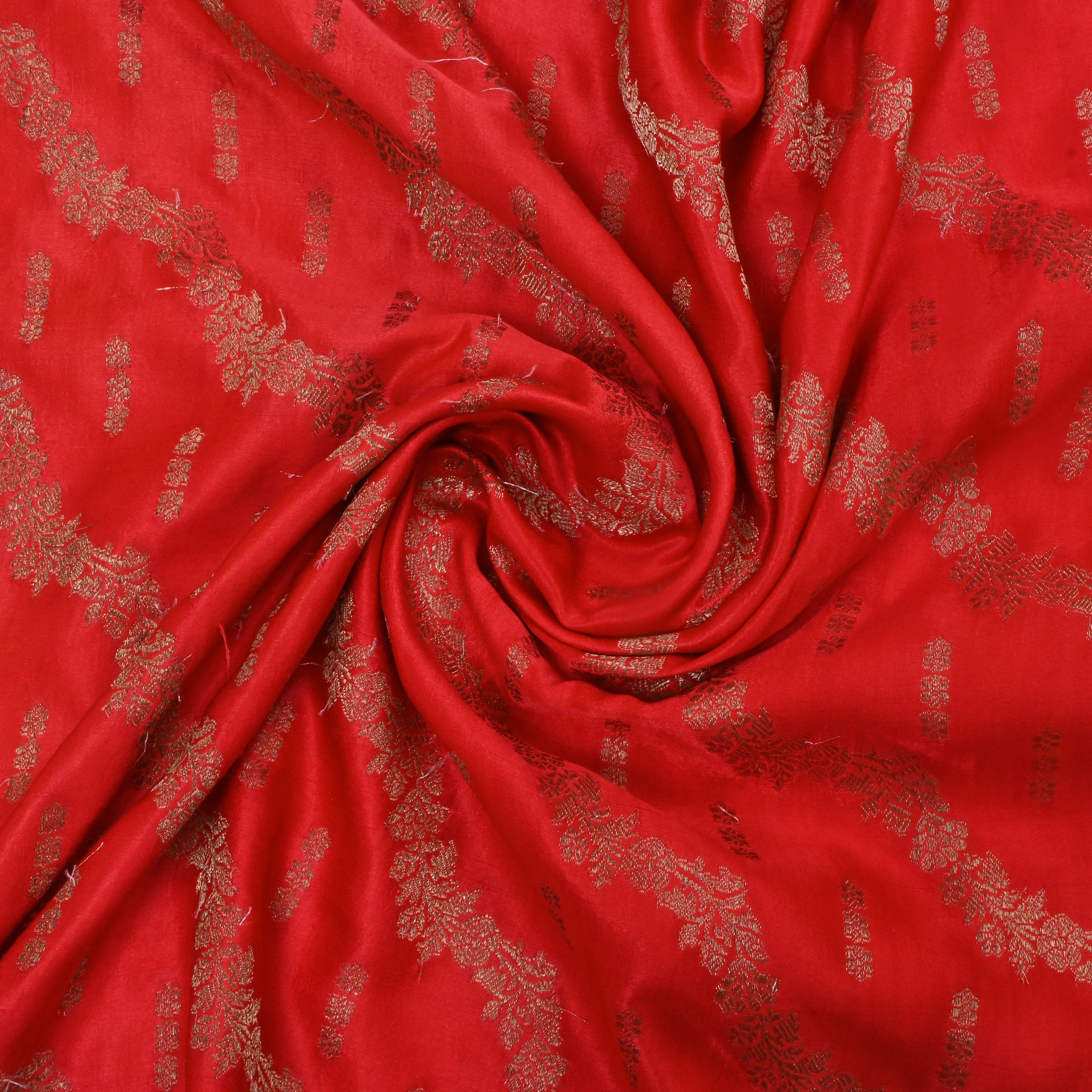 Fire Engine Red Jamawar Silk Fabric With Wave Pattern