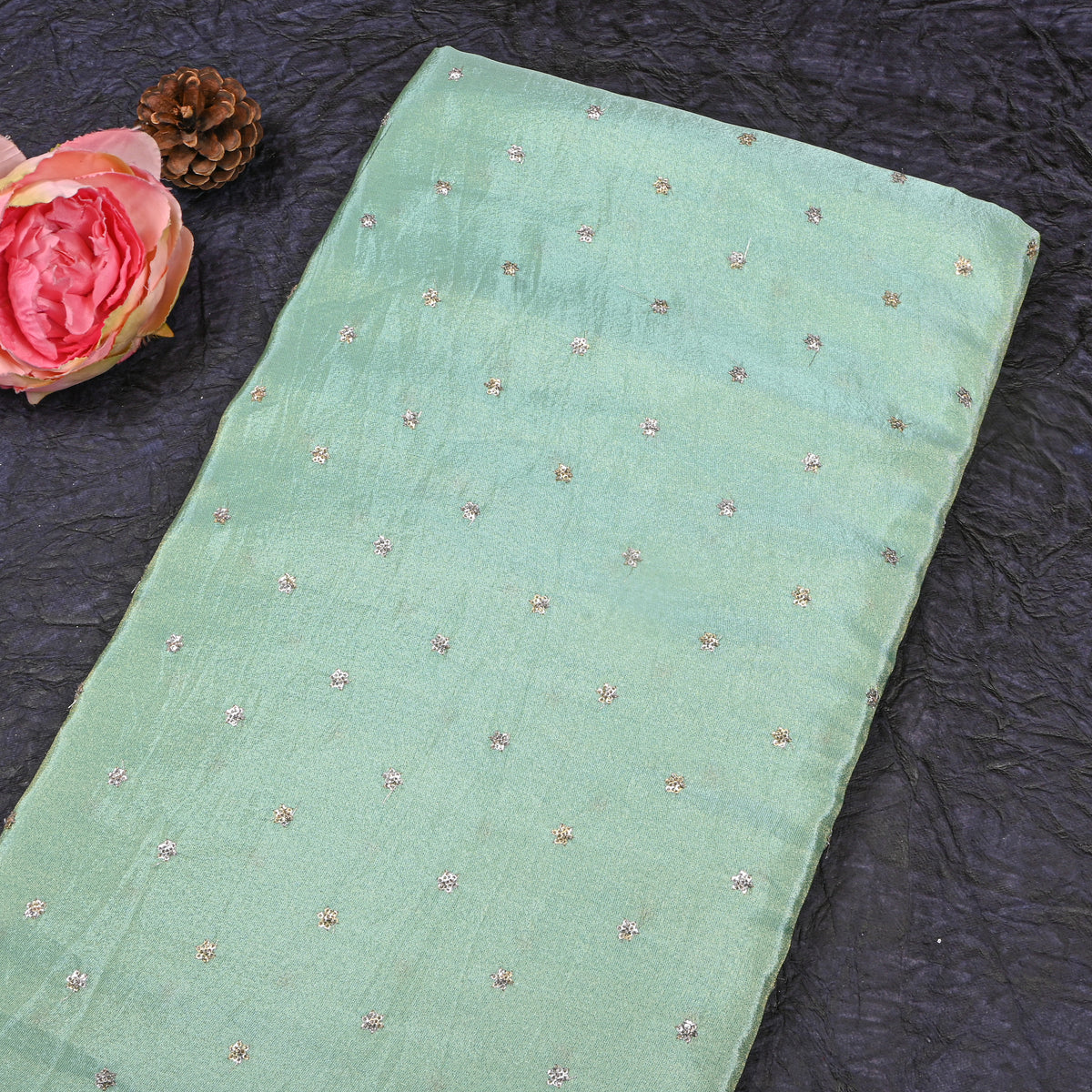 Mint Green Silver Sequin Floral Butti Tissue Fabric