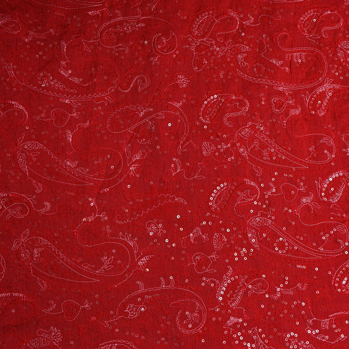Red Tussar With Paisley Thread Work