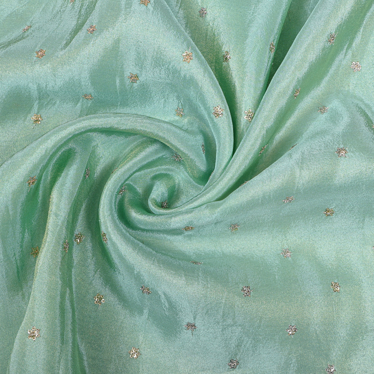 Mint Green Silver Sequin Floral Butti Tissue Fabric
