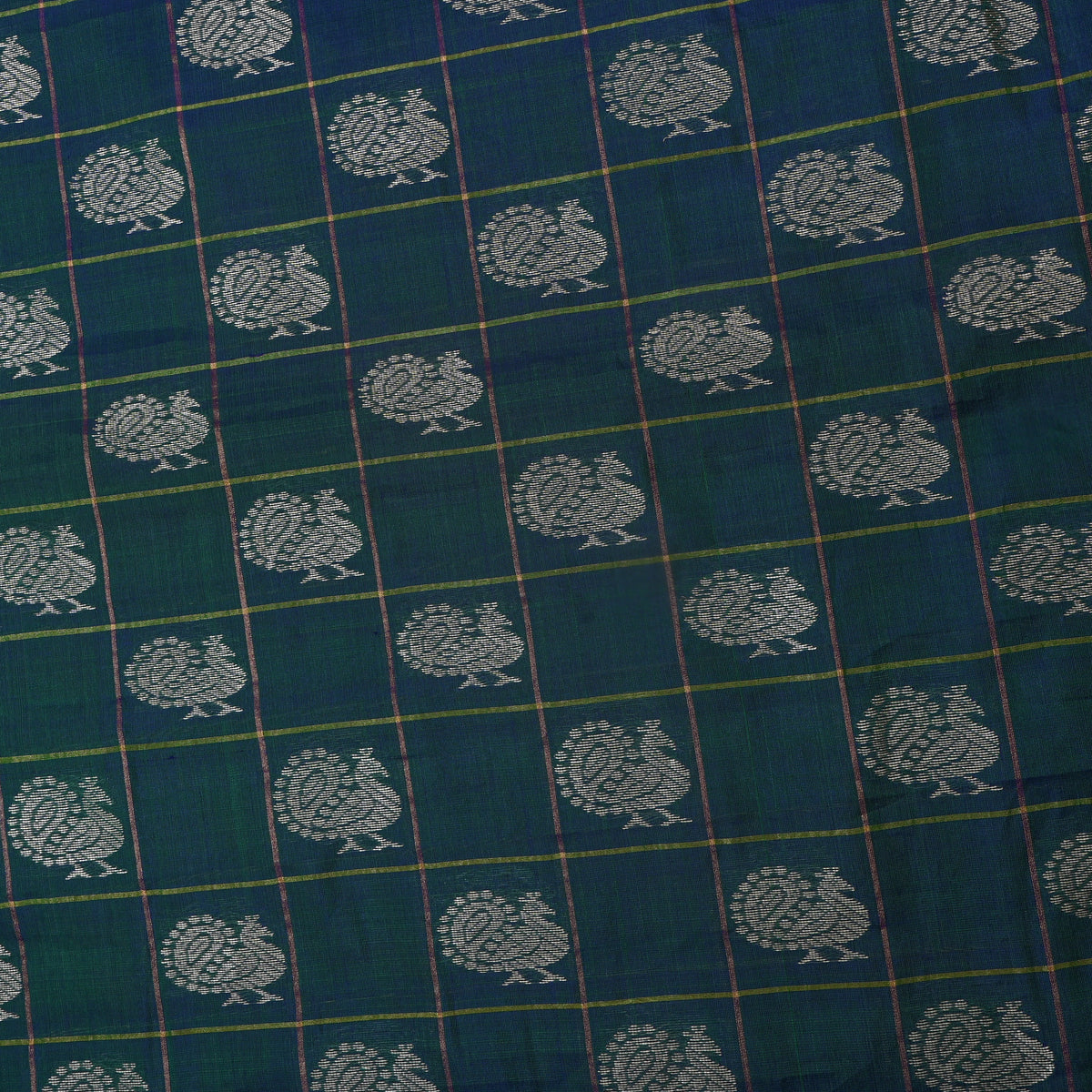 Forest Green Silver Zari Butti Self Weave Banarasi Silk Fabric
