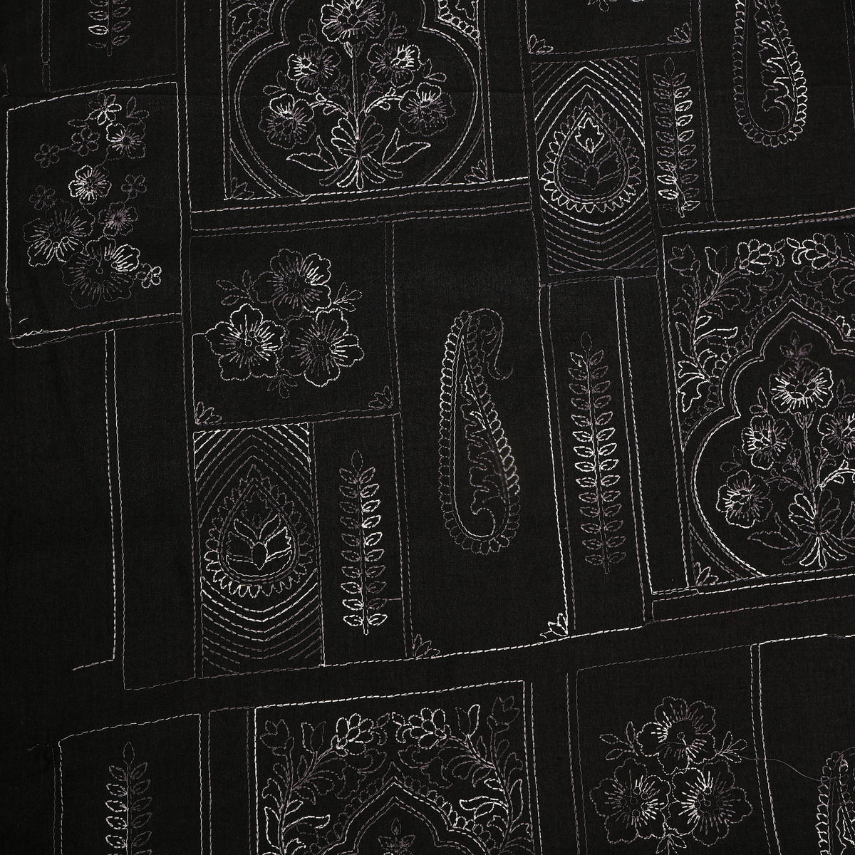 Mindnight Black Geometric Embroidery Munga Tussar Fabric