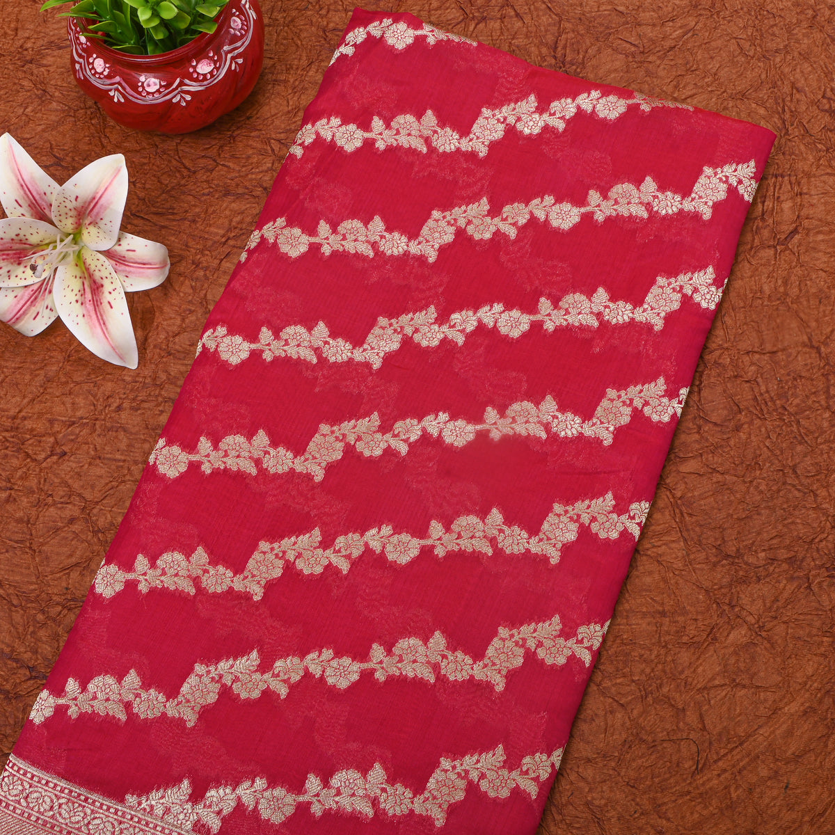 Red Stripe Weave Banarasi Silk