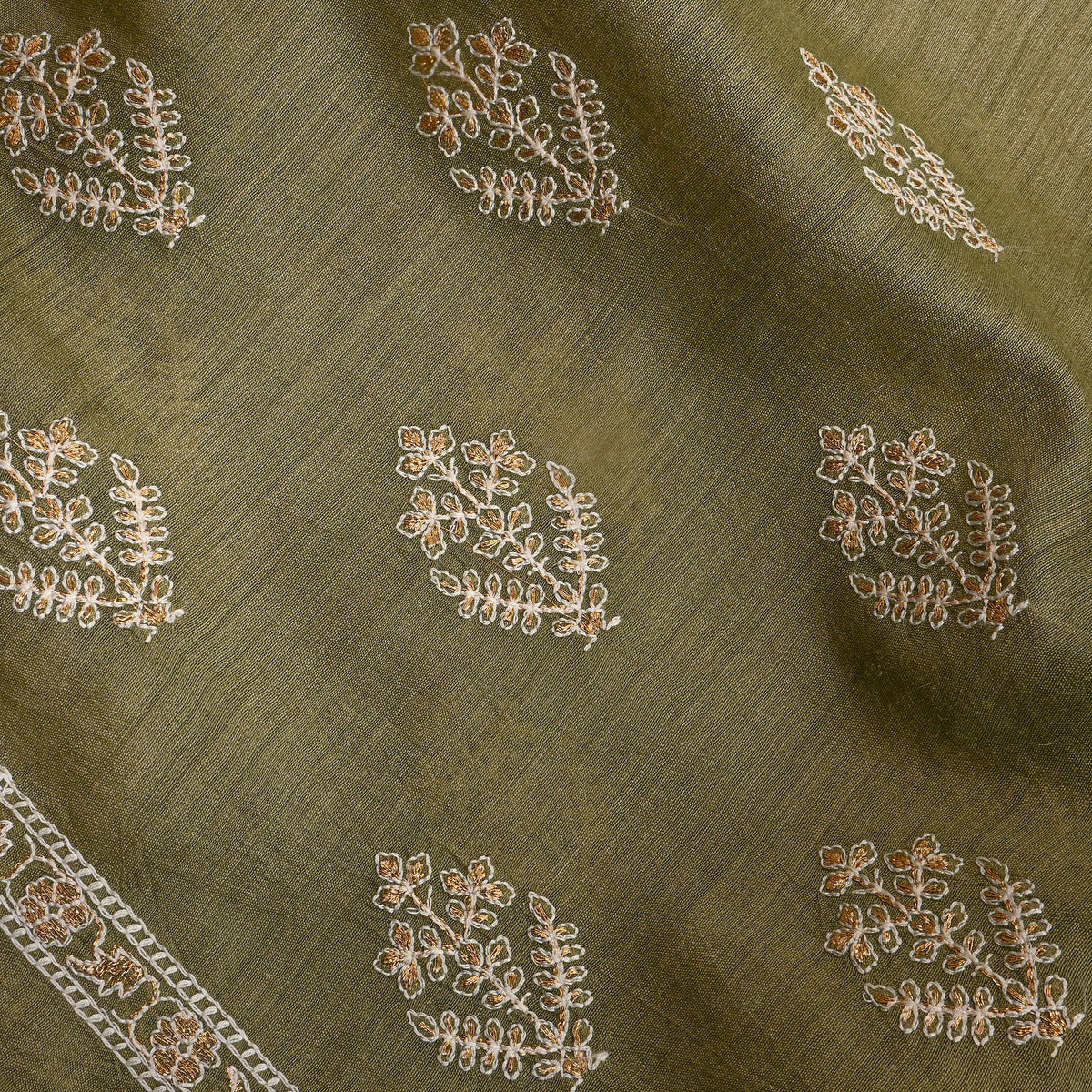 Olive Green Zari Floral Embroidery Tussar Silk Fabric