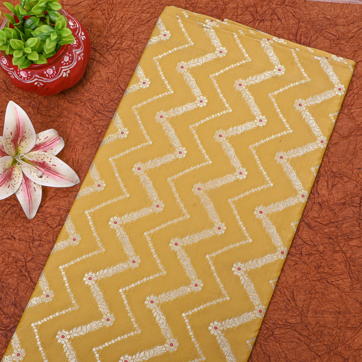 Yellow Zig-Zag Weave Banarasi Silk Fabric