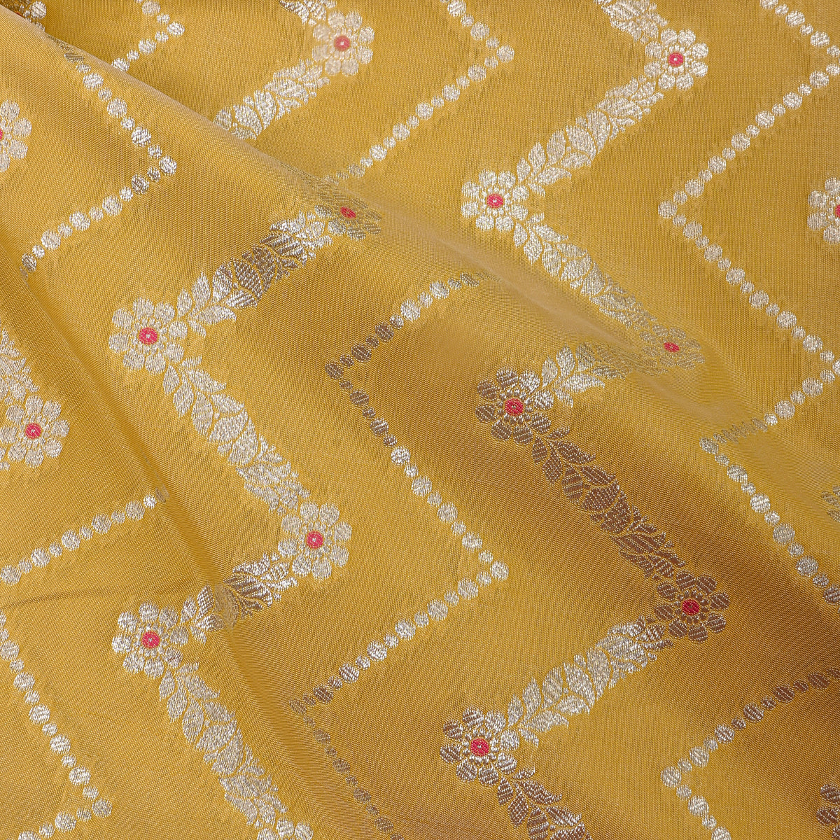 Yellow Zig-Zag Weave Banarasi Silk Fabric