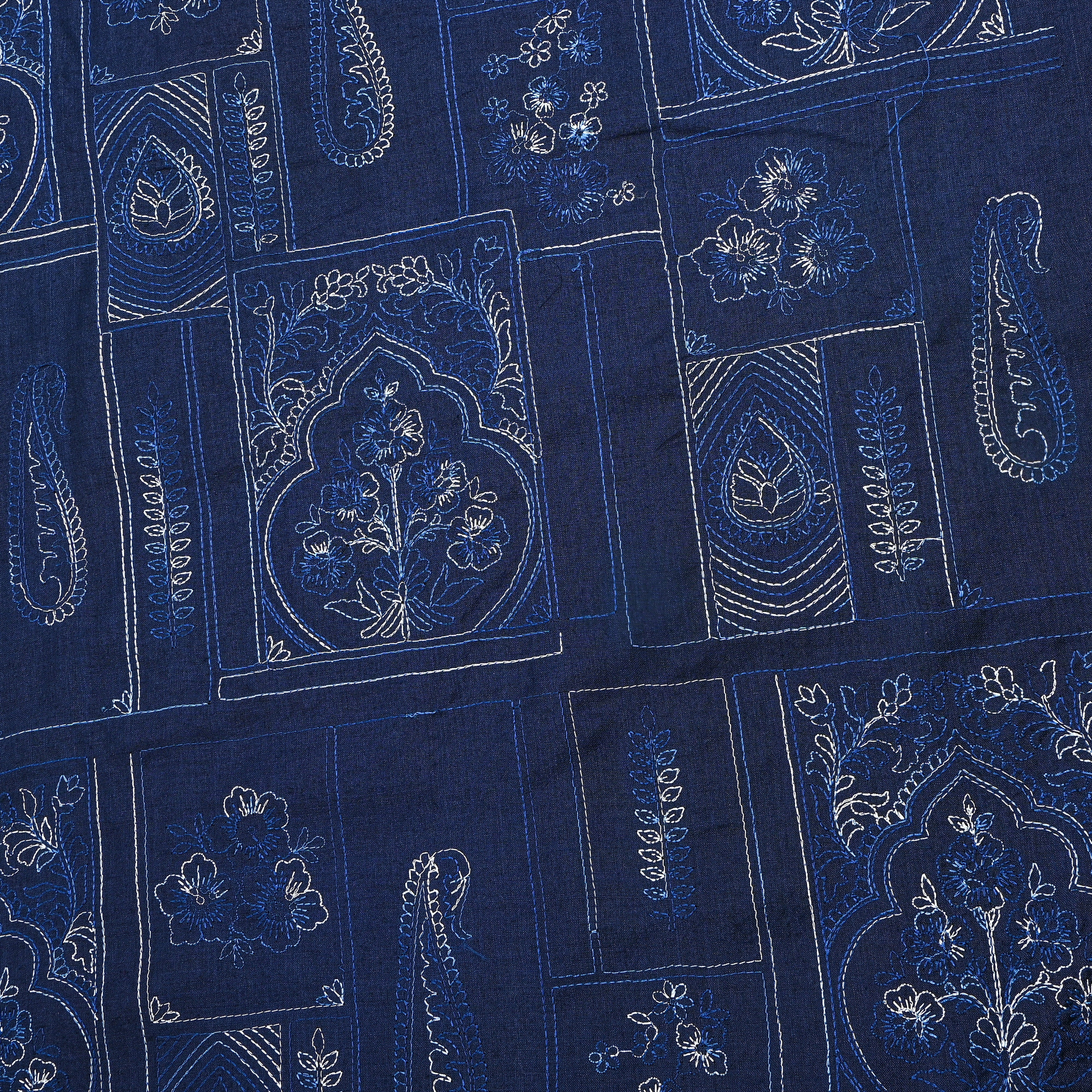 Vintage Blue Geometric Embroidery Munga Tussar Fabric