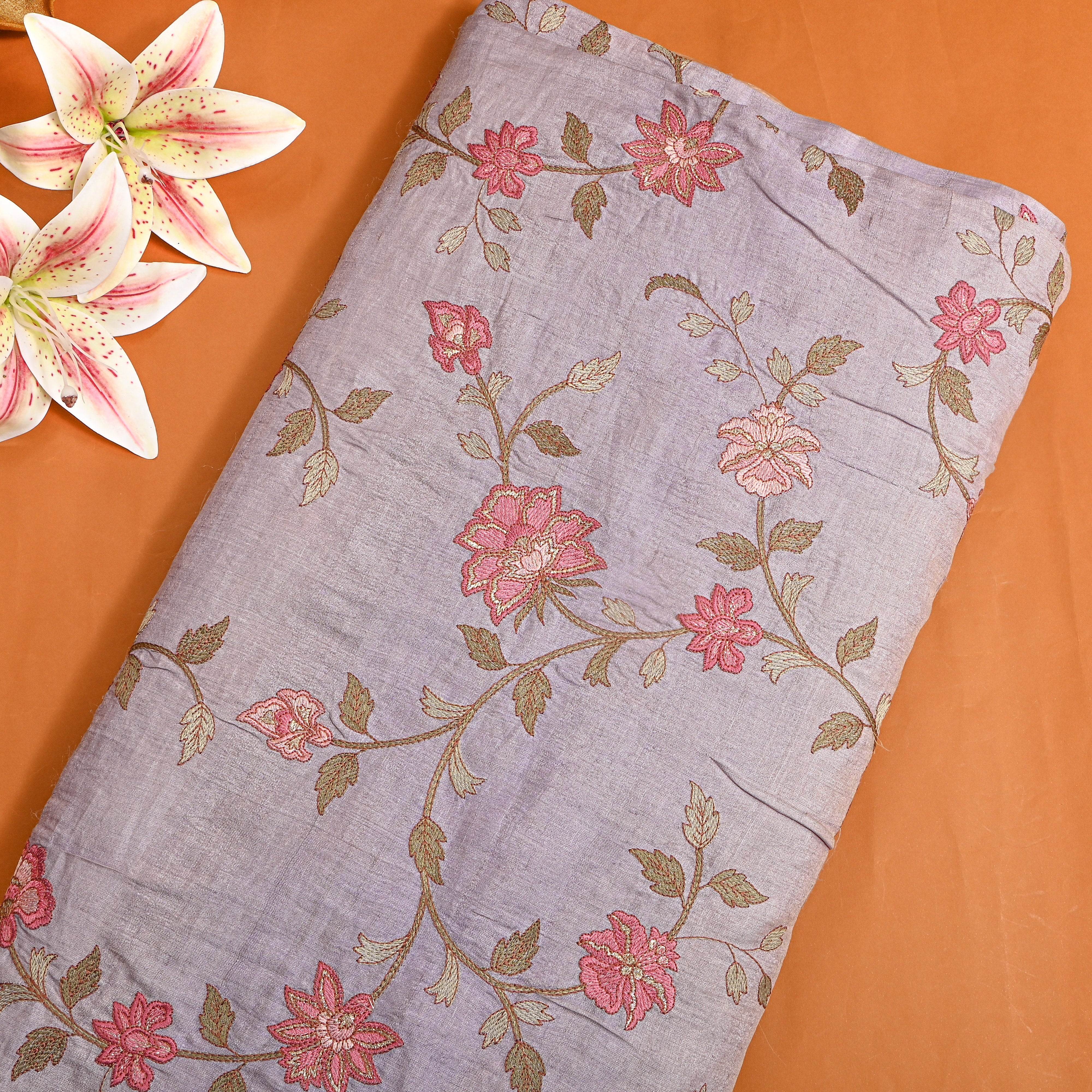 Light Purple Floral Jaal Thread Work Tussar Silk Fabric