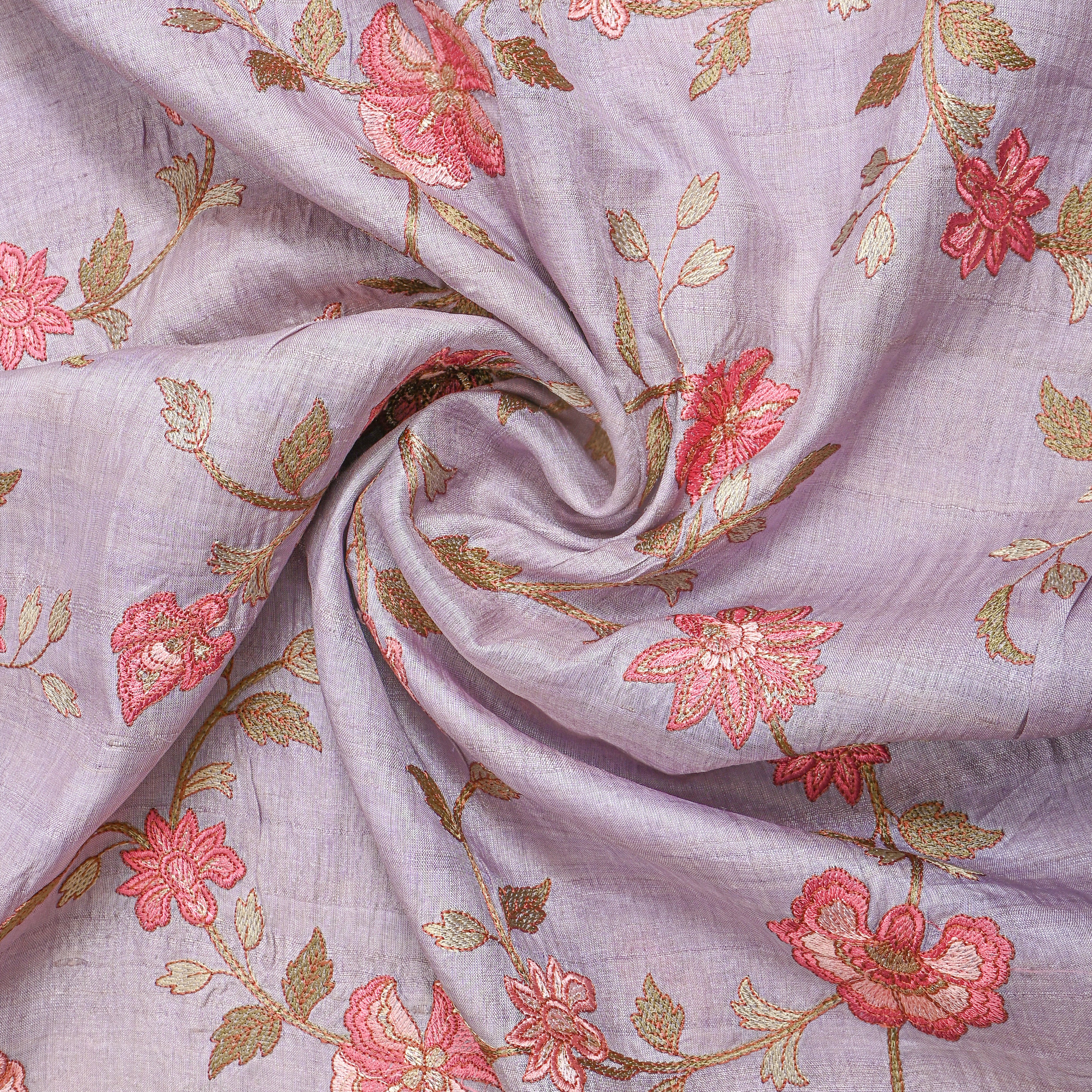 Light Purple Floral Jaal Thread Work Tussar Silk Fabric