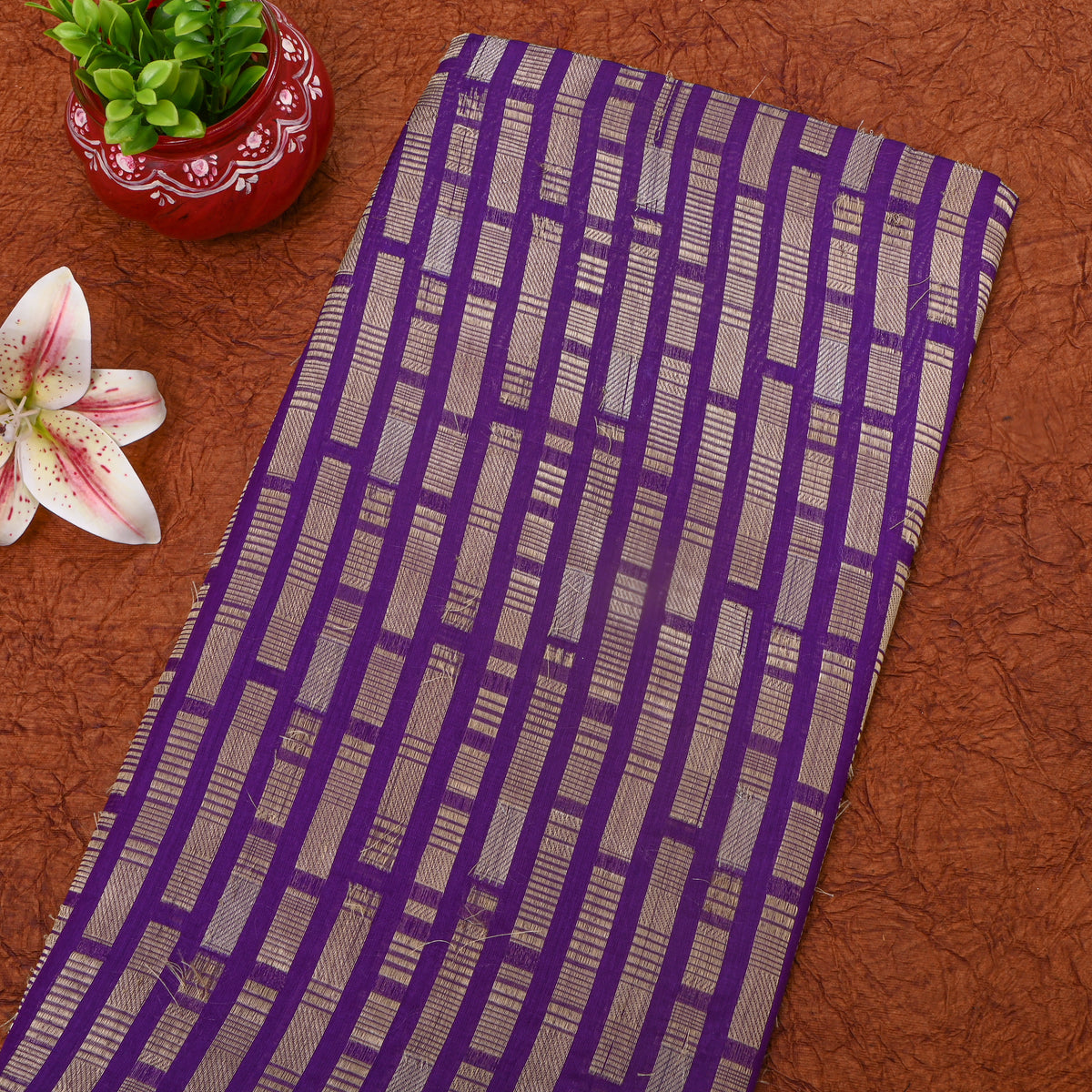 Purple Self Gold Stripe Banarasi Silk Fabric