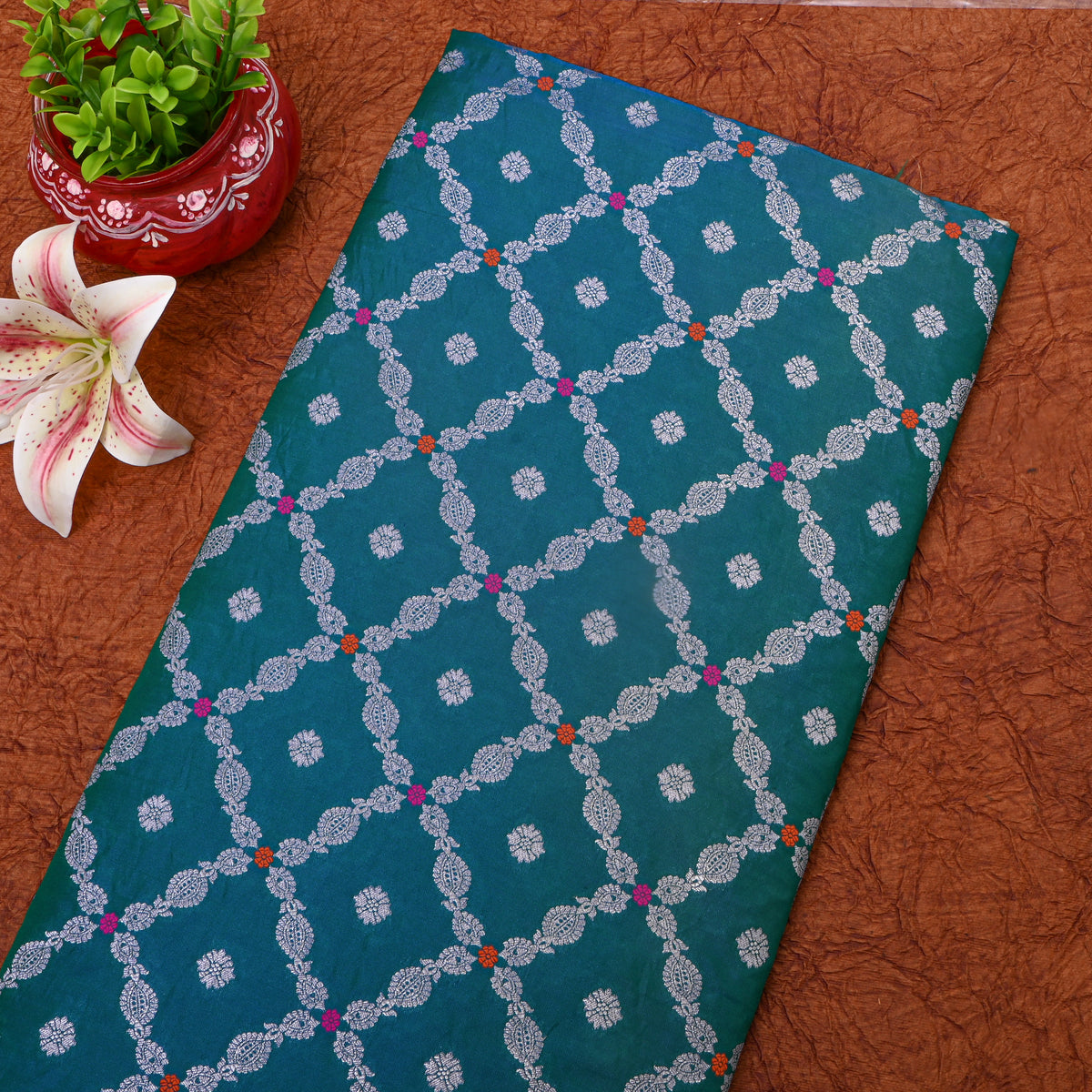 Teal Blue Silver Zari Checked Jamawar Silk Fabric