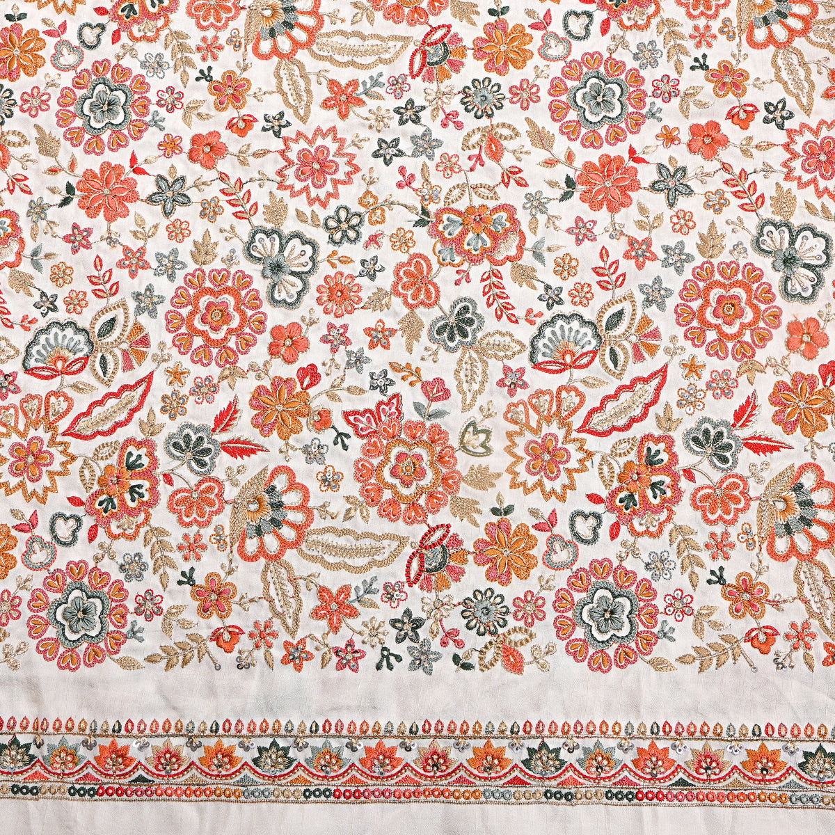 Cotton White Multicolour Floral Jaal Embroidery Silk Fabric