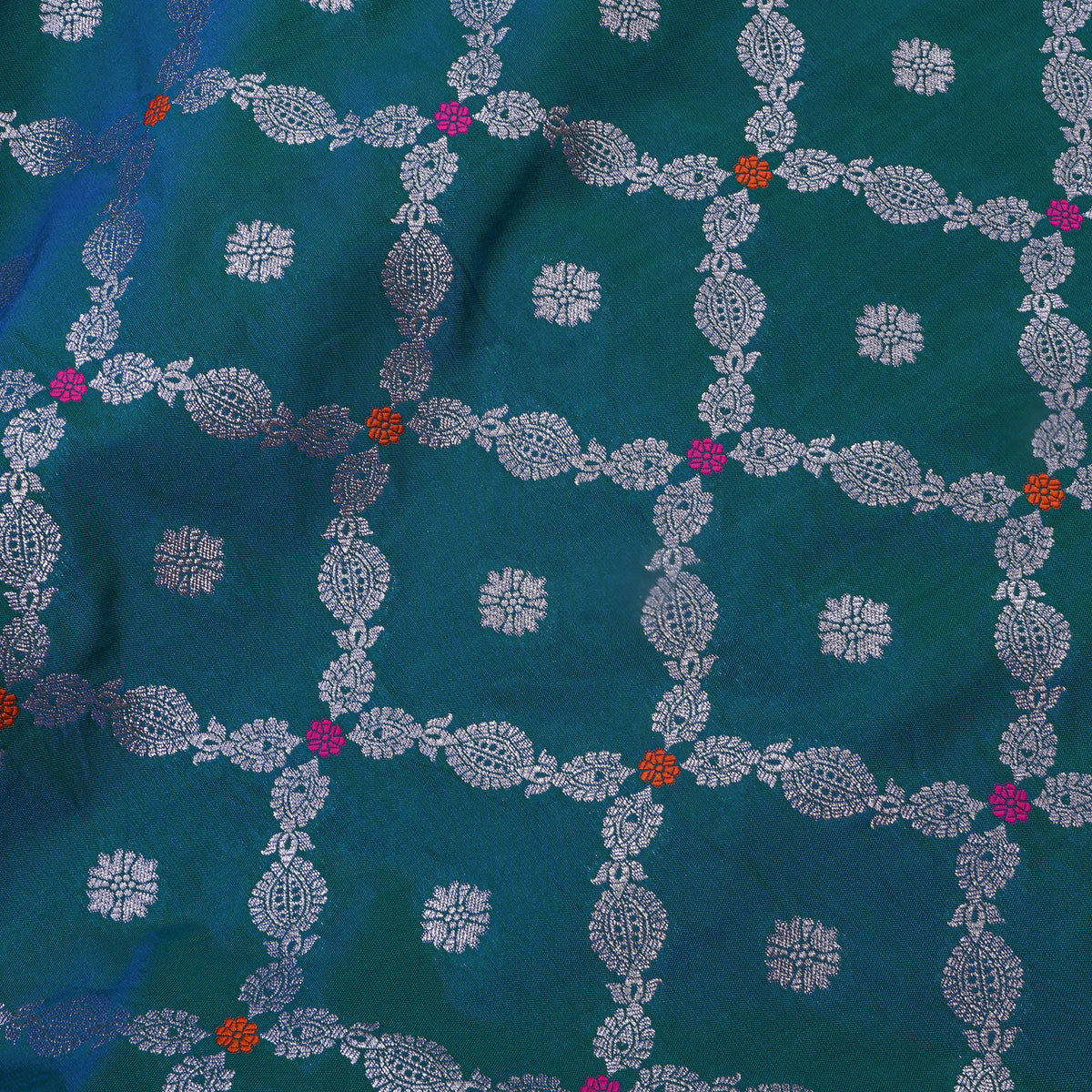 Teal Blue Silver Zari Checked Jamawar Silk Fabric
