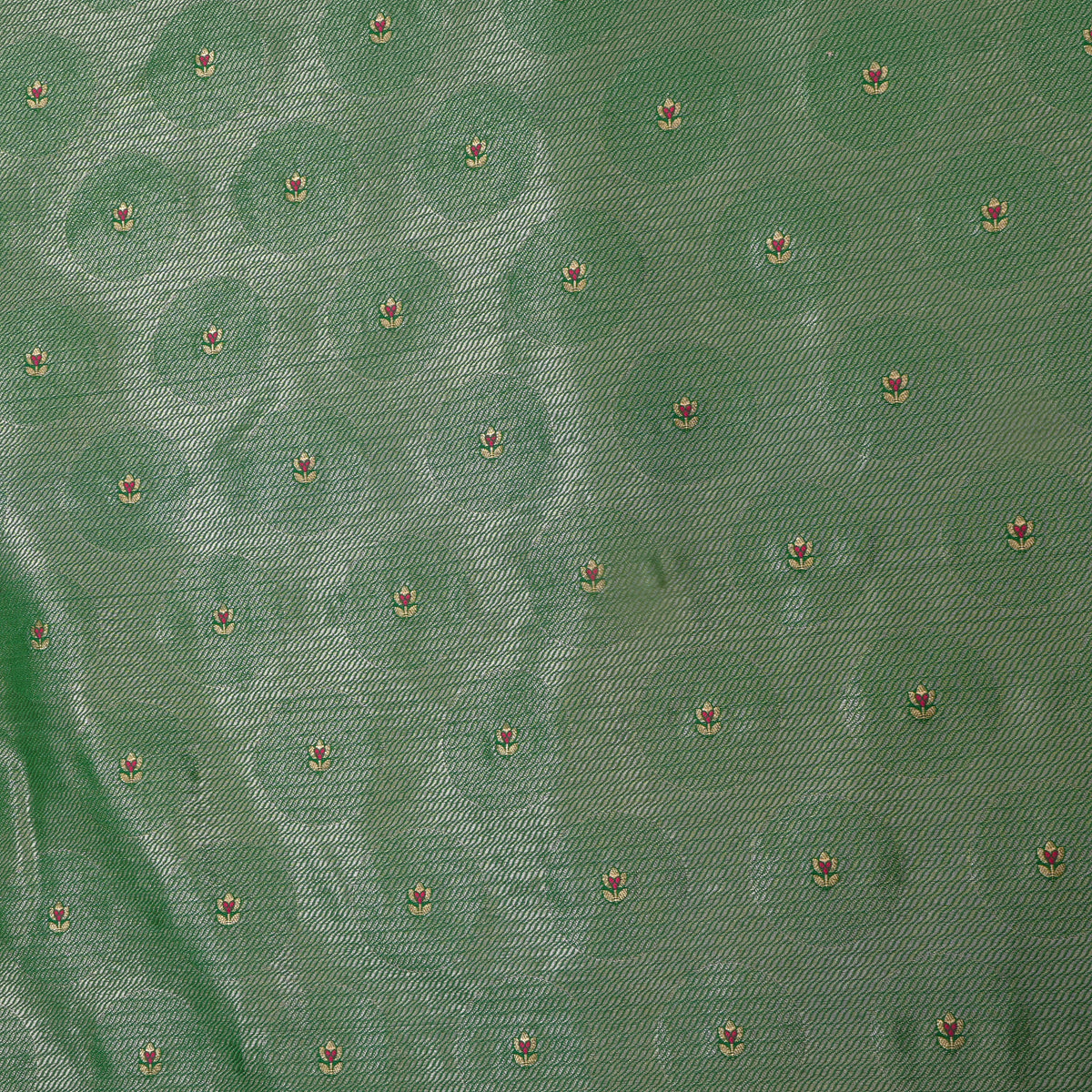 Ivy Green Gold Zari Floral Butti Self Weave Banarasi Silk Fabric