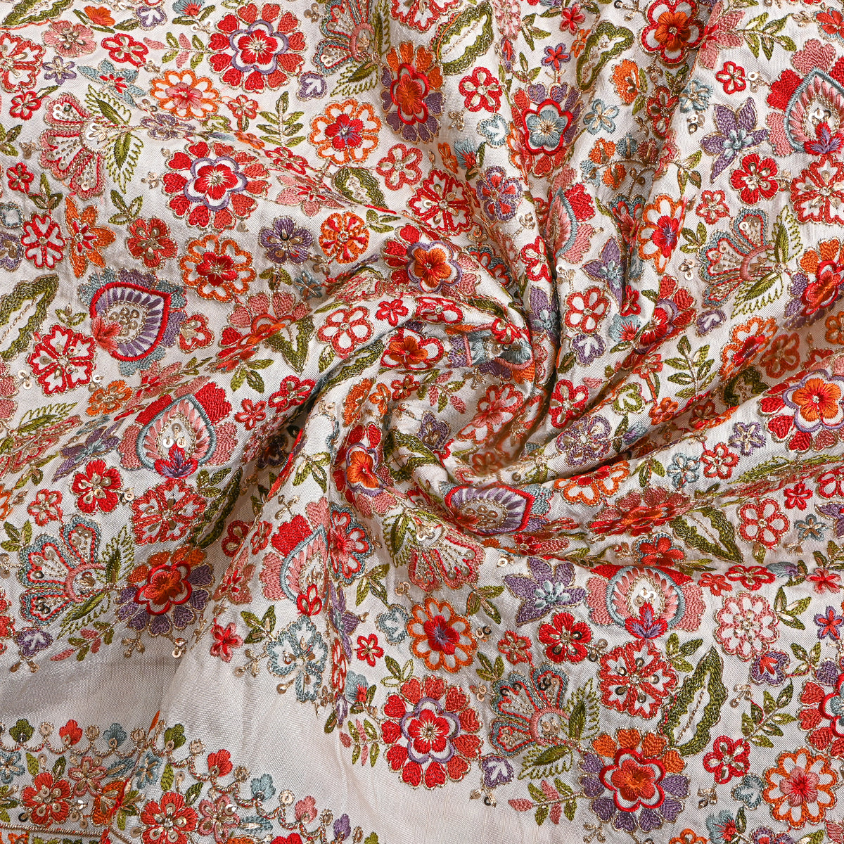 Milk White Multicolour Floral Embroidery Silk Fabric