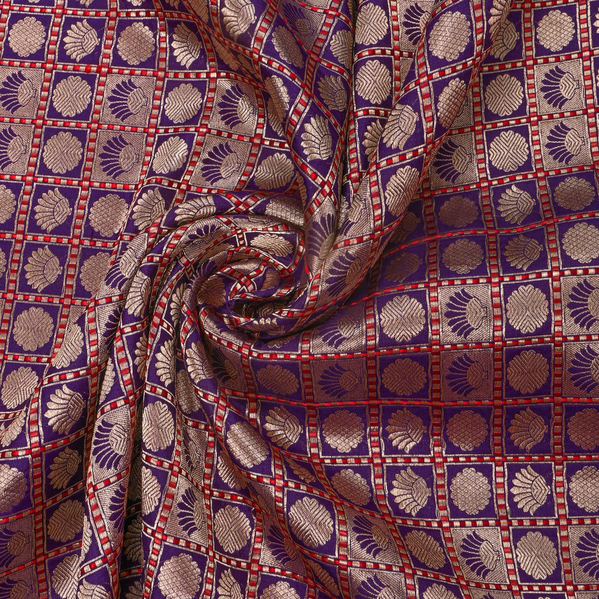 Blue Checked Self Woven Jamawar Silk Fabric