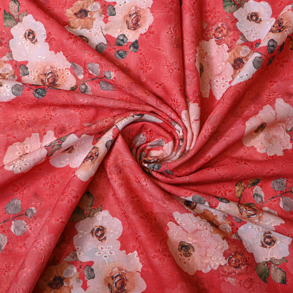 Salmon Peach Floral Print Embroidery Dupion Silk Fabric