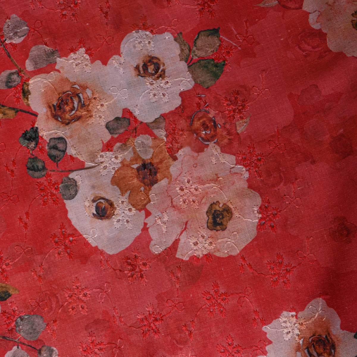 Salmon Peach Floral Print Embroidery Dupion Silk Fabric
