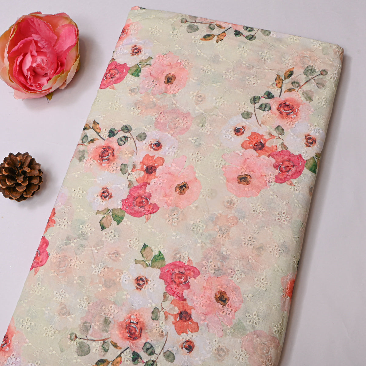 Cream Floral Thread Work Embroidered Dupion Silk Fabric