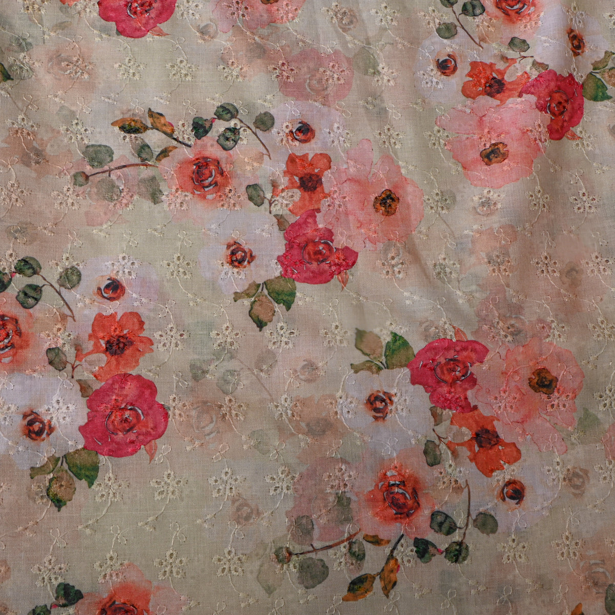 Cream Floral Thread Work Embroidered Dupion Silk Fabric