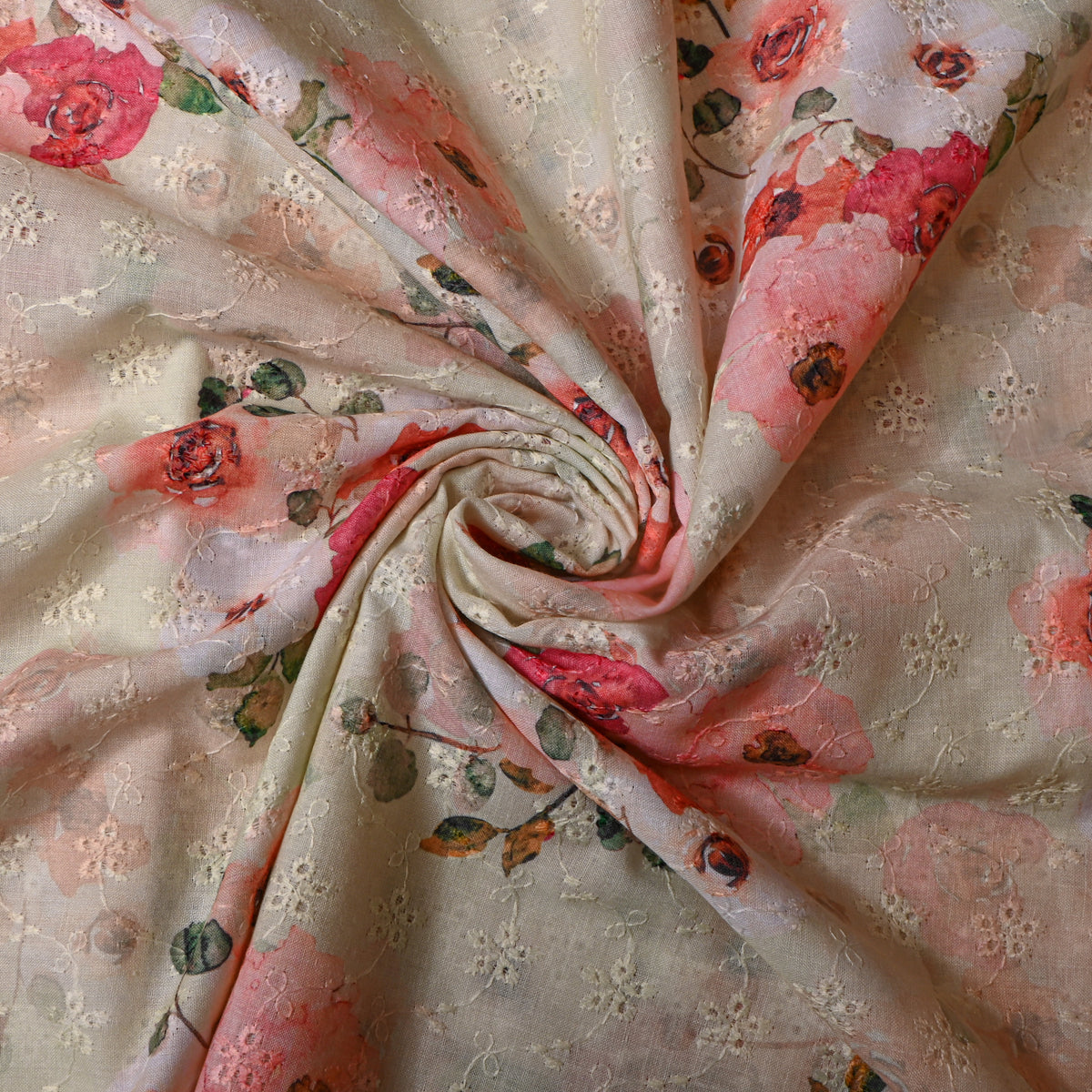 Cream Floral Thread Work Embroidered Dupion Silk Fabric