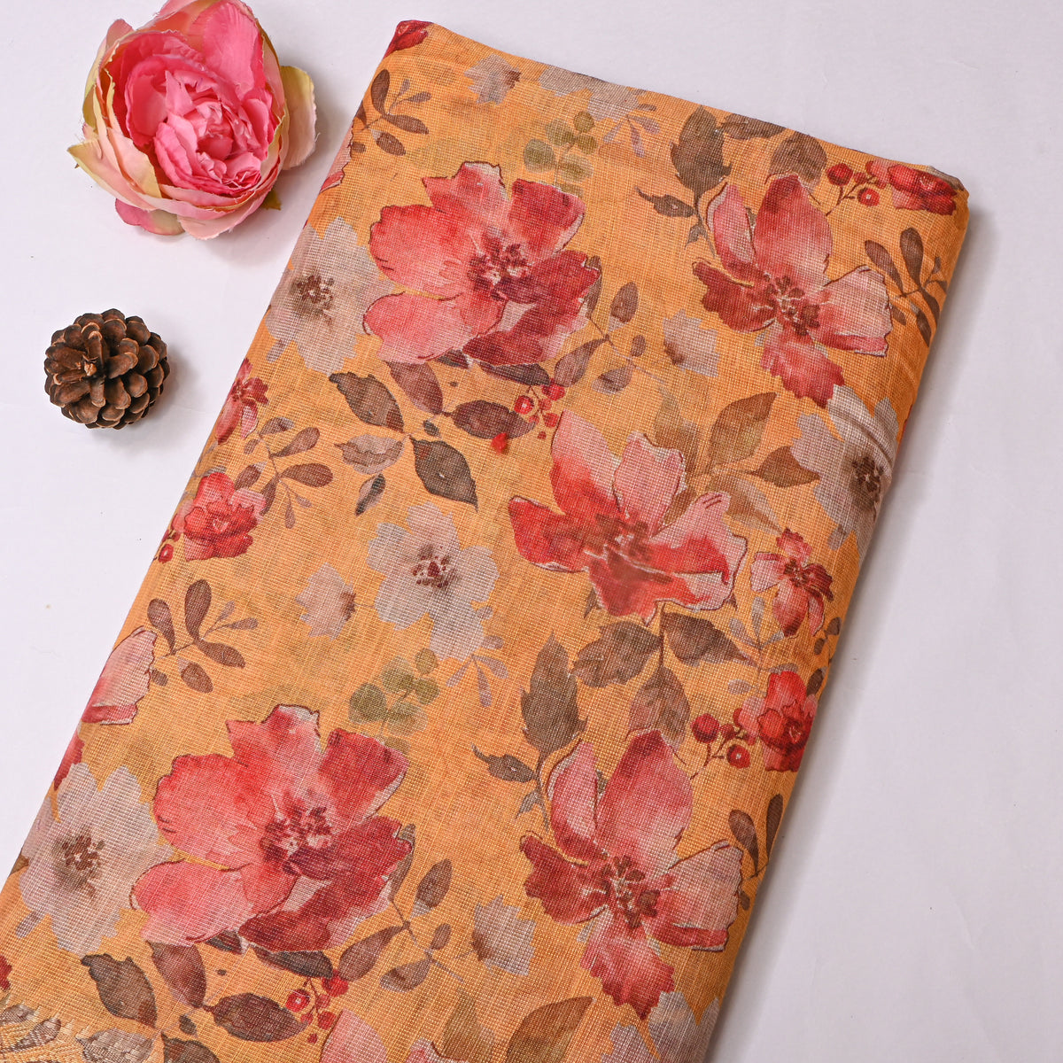 Mustard Yellow Watercolour Floral Tussar Silk Fabric