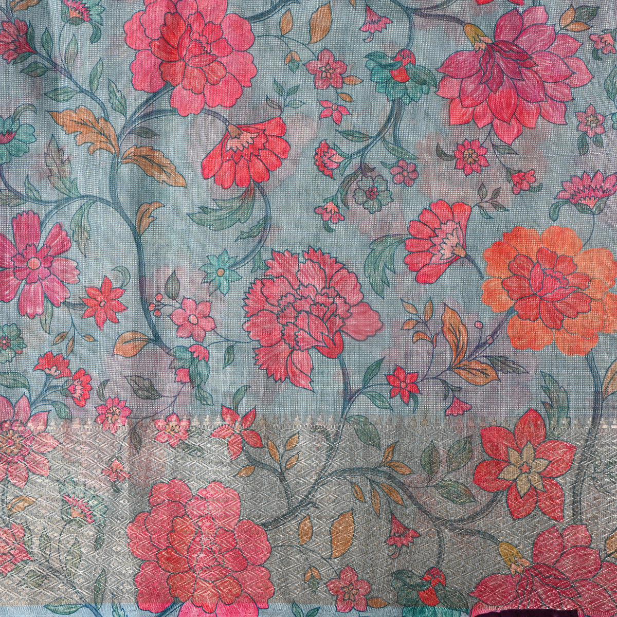 Steel Blue Vine Floral Print Tussar Silk Fabric With Zari Border
