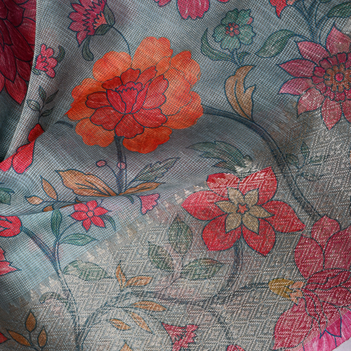 Steel Blue Vine Floral Print Tussar Silk Fabric With Zari Border