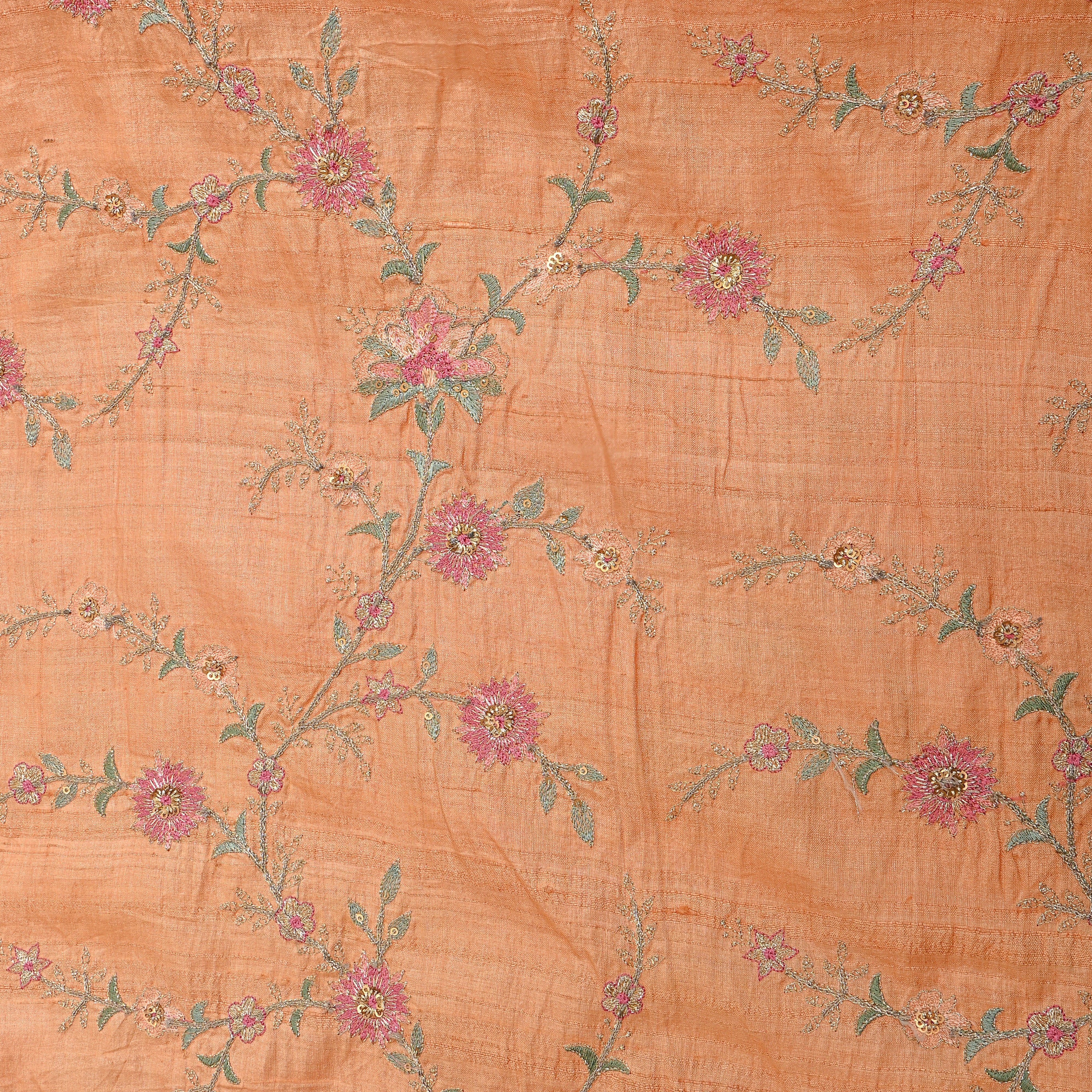 Light Orange Embroidered Tussar Fabric