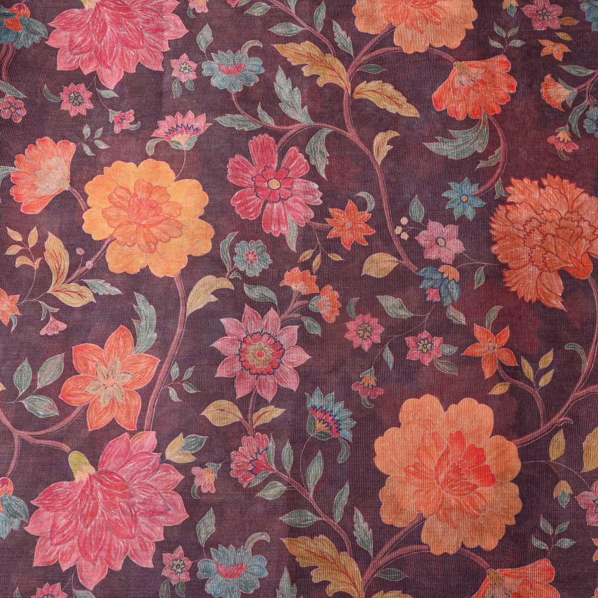 Plum Purple Garden Floral Print Tissue Fabric
