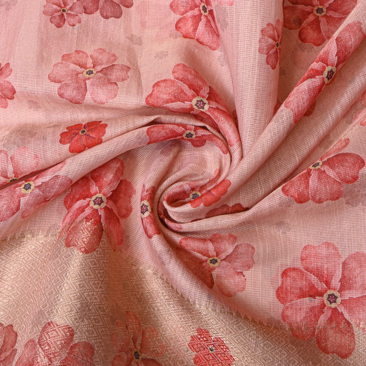 Rose Pink Five Petal Floral Print Tussar Silk Fabric With Gold Zari Border