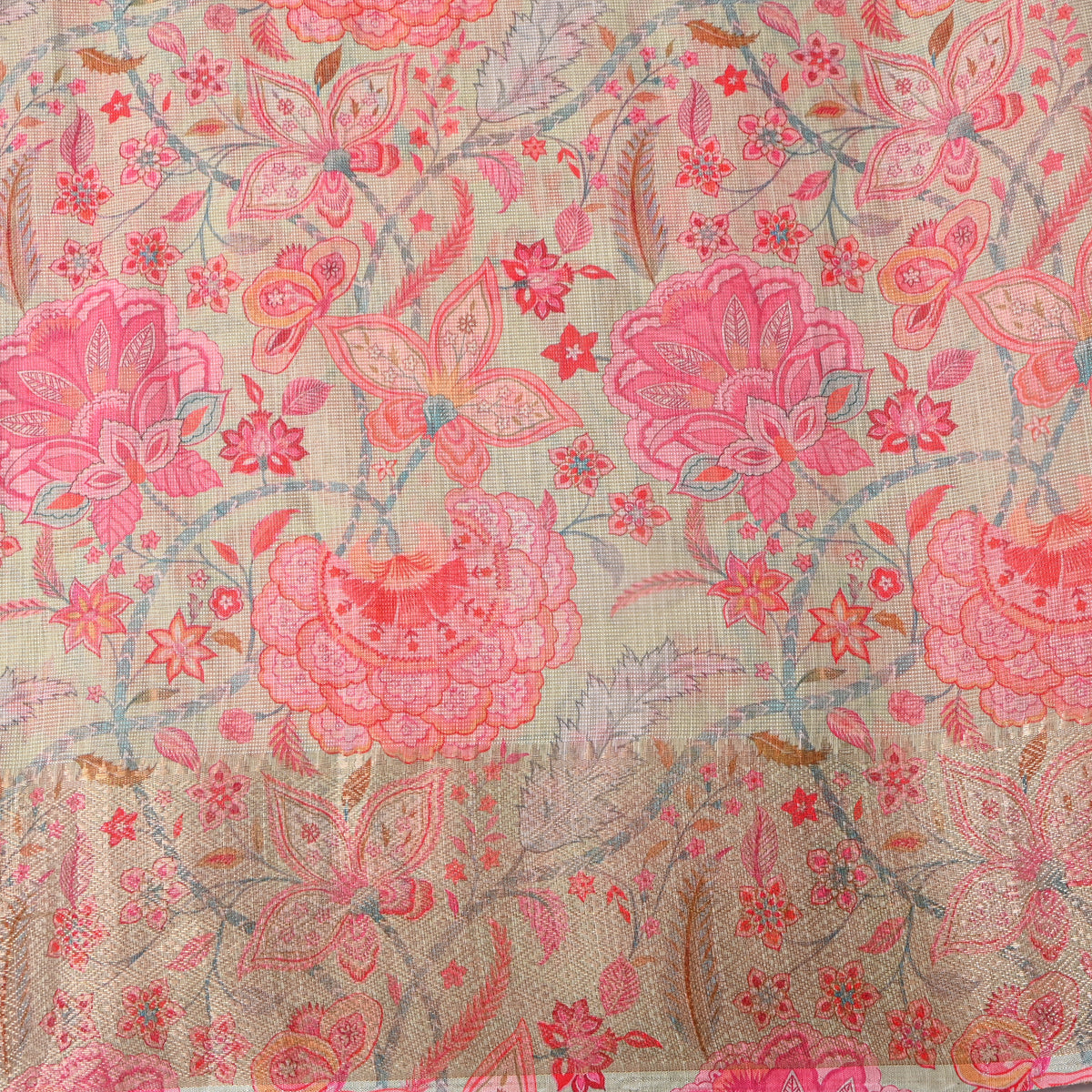 Sage Green Floral Print Gold Zari Border Tussar Silk Fabric