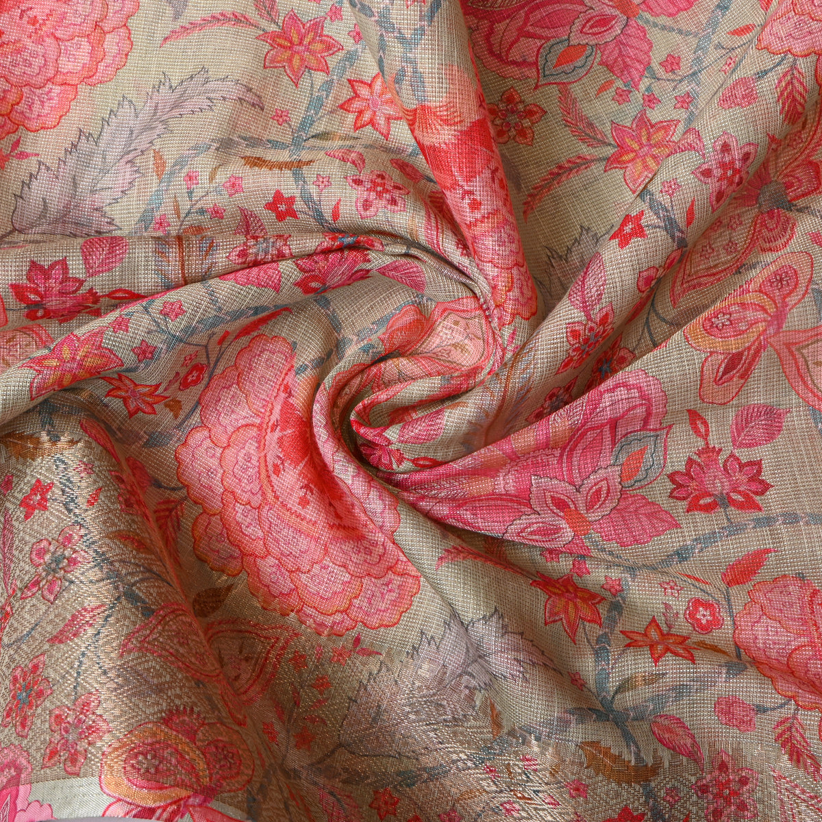 Sage Green Floral Print Gold Zari Border Tussar Silk Fabric