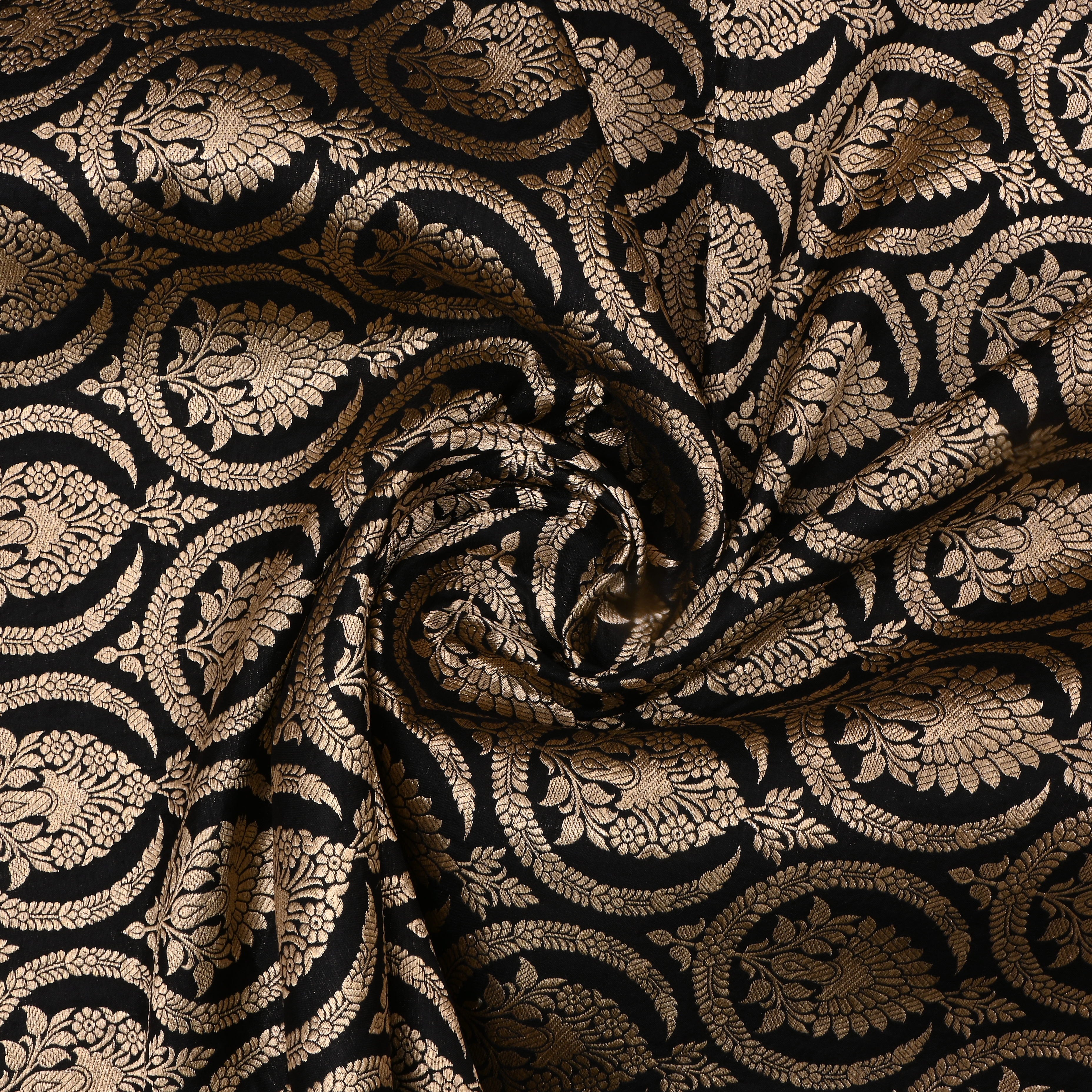 Jute Black Jamawar Silk Fabric With Geometrical Figures