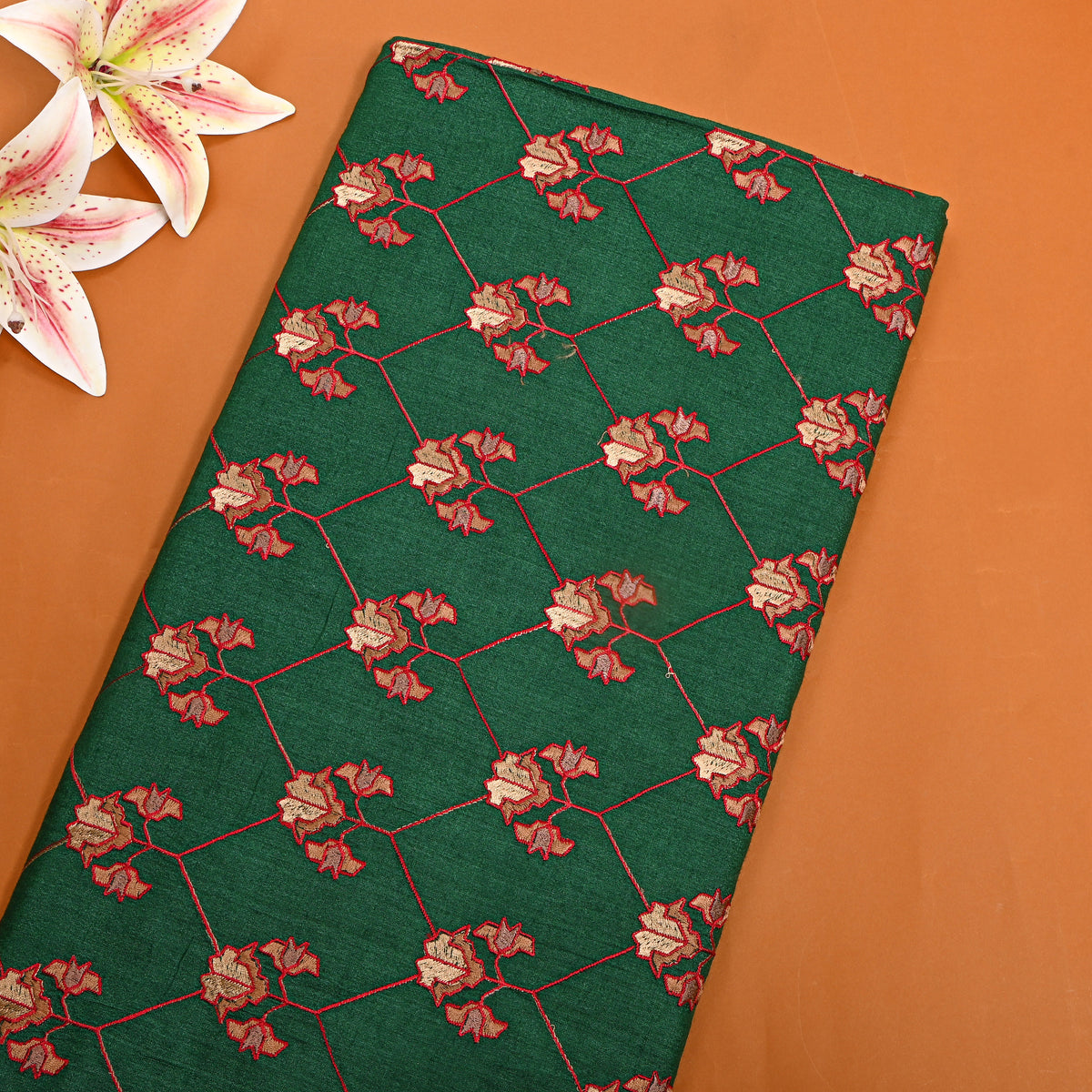 Emerald Green Geometric Pattern Embroidery Tussar Fabric