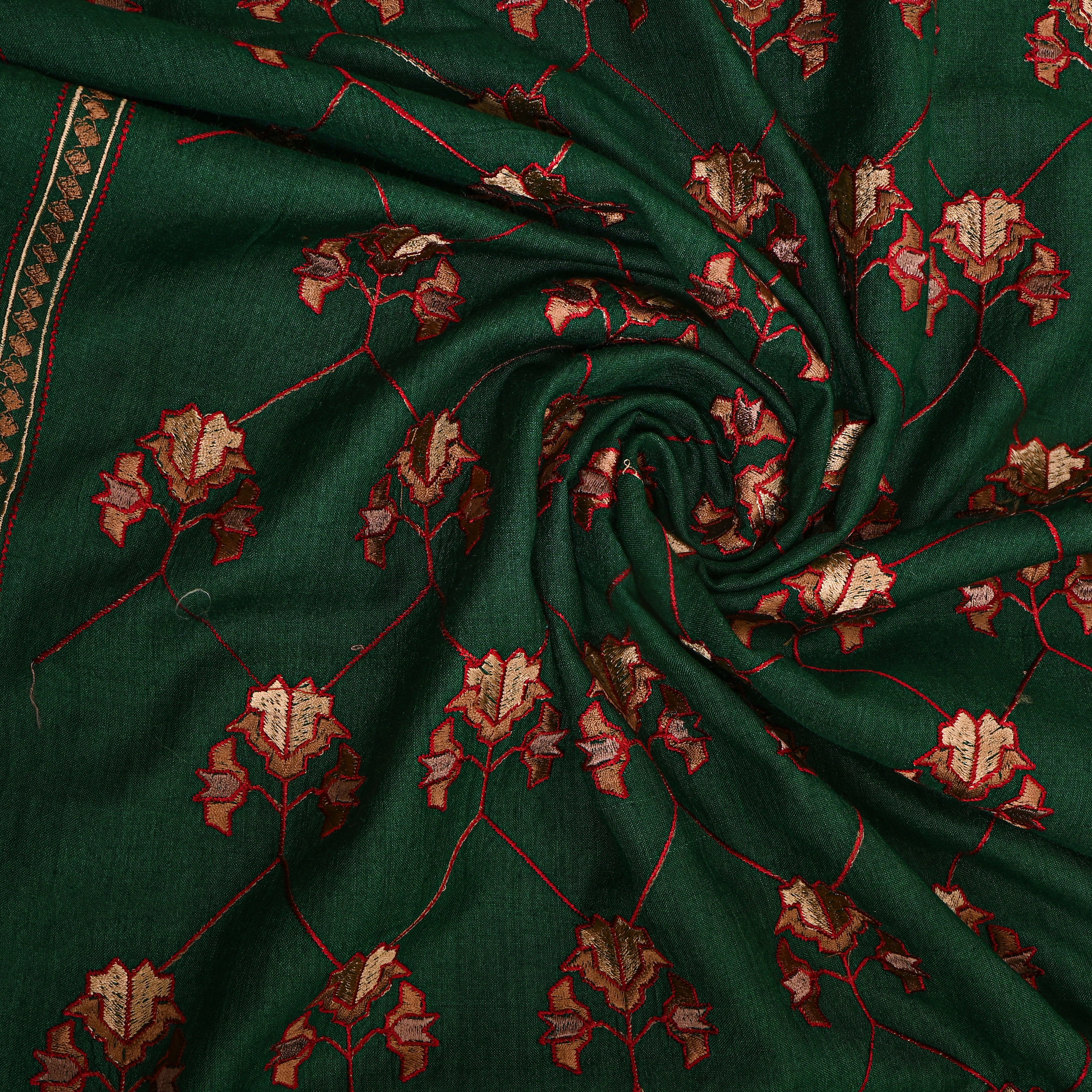 Emerald Green Geometric Pattern Embroidery Tussar Fabric