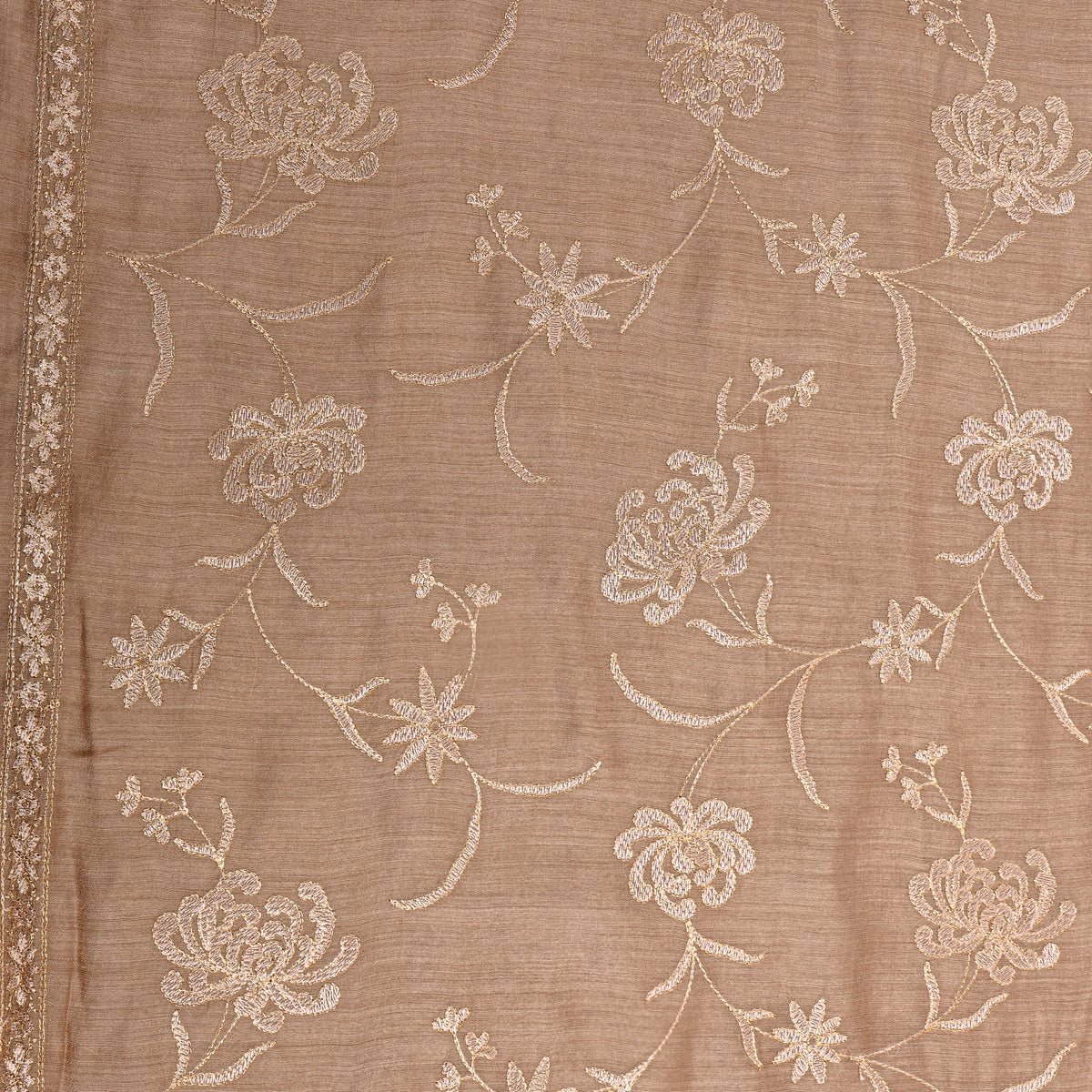 Beige Golden Floral Thread Work Munga Tussar Fabric